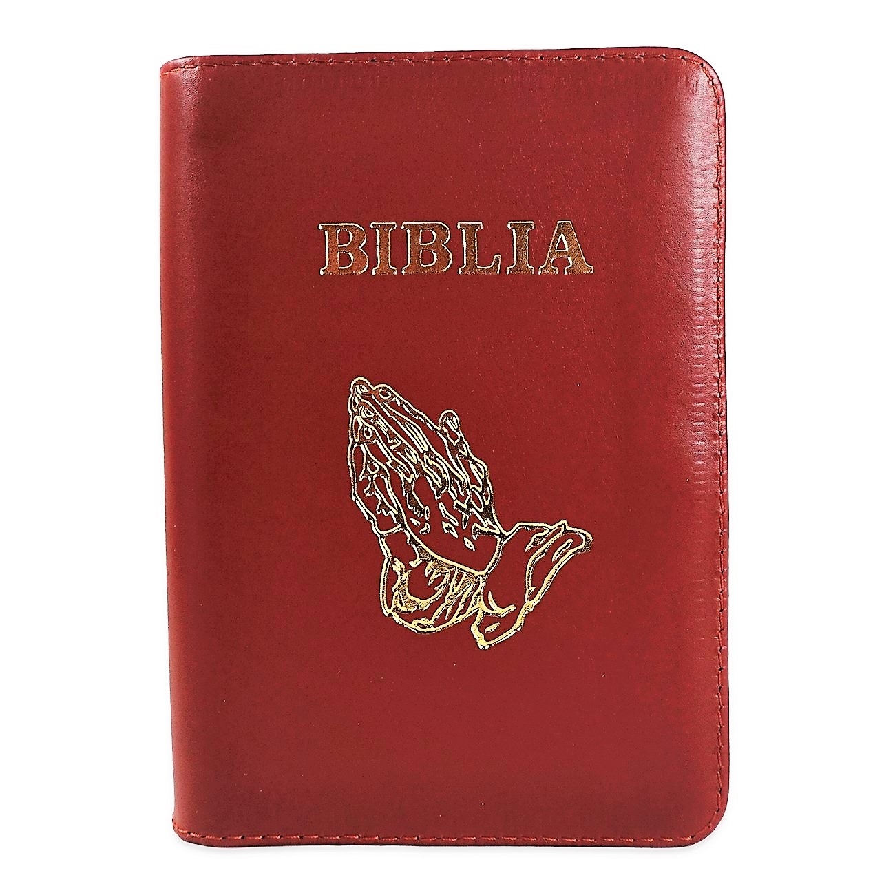 Biblie din piele, marime medie, culoare maro roscat, fermoar, maini in rugaciune, margini albe,cuv. lui Isus cu rosu [053]