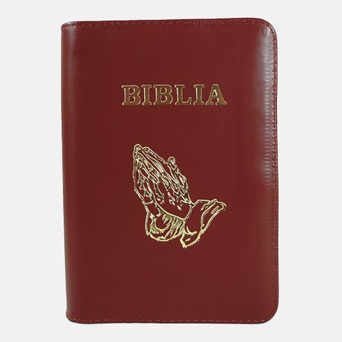 Biblie marime medie, piele, culoare maro roșcat, fermoar, index, margini aurii, simbol maini in rugaciune, hărți. [057]