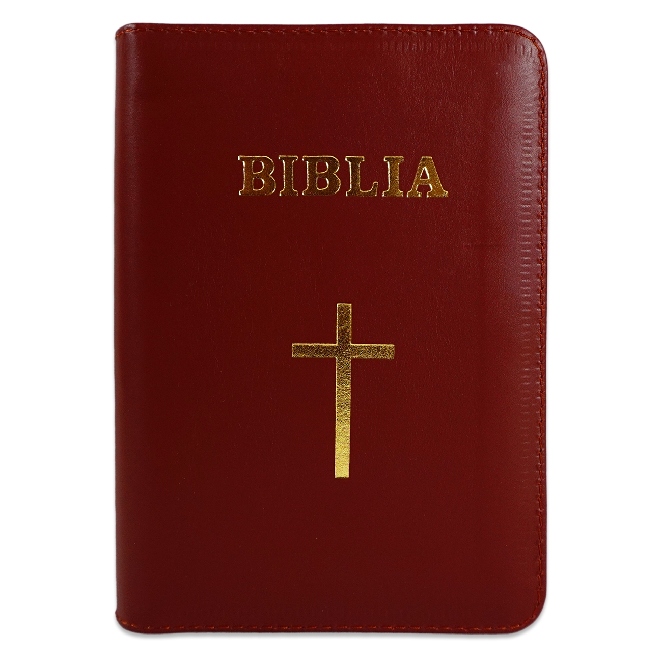 Biblia format mic, din piele, culoare maro roscat, index, fermoar, margini argintii, cu cruce, cuv. lui Isus in rosu [047 PFI]