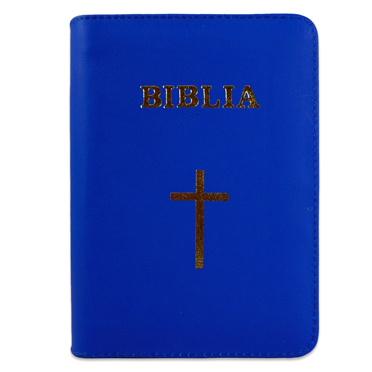 Biblia format mic, din piele, culoare albastru, index, fermoar, margini argintii, cu cruce, cuv. lui Isus in rosu [047 PFI]
