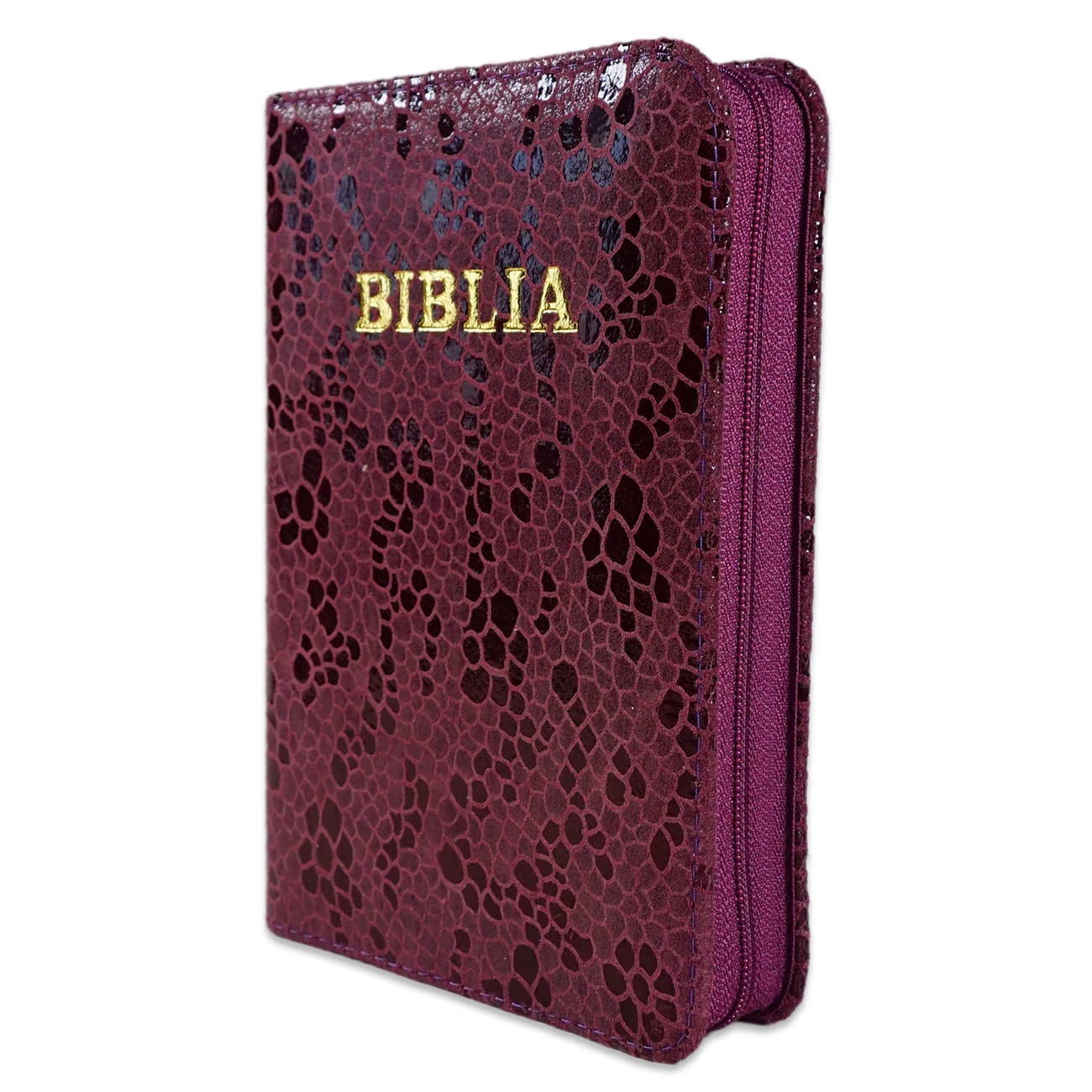 Biblie din piele, marime medie, culoare mov texturat, fermoar, index, margini aurii, cuv. lui Isus cu rosu [SB 057 PFI]