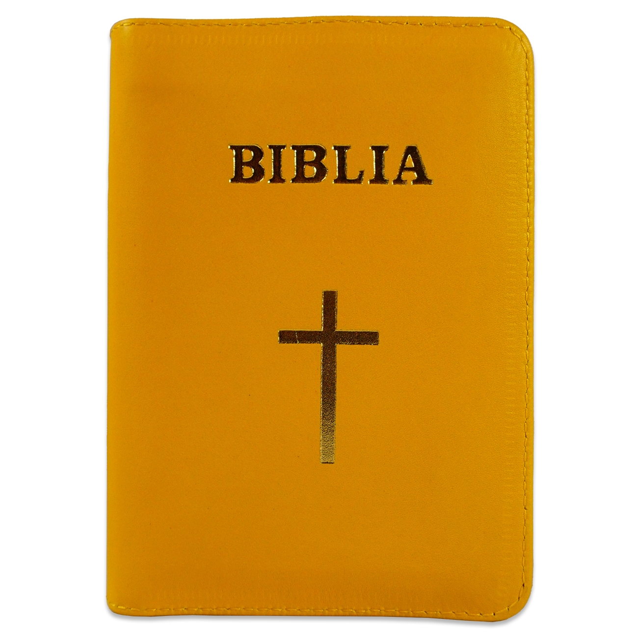 Biblia format mic, din piele, culoare galbena, index, fermoar, margini argintii, cu cruce, cuv. lui Isus in rosu [047 PFI]