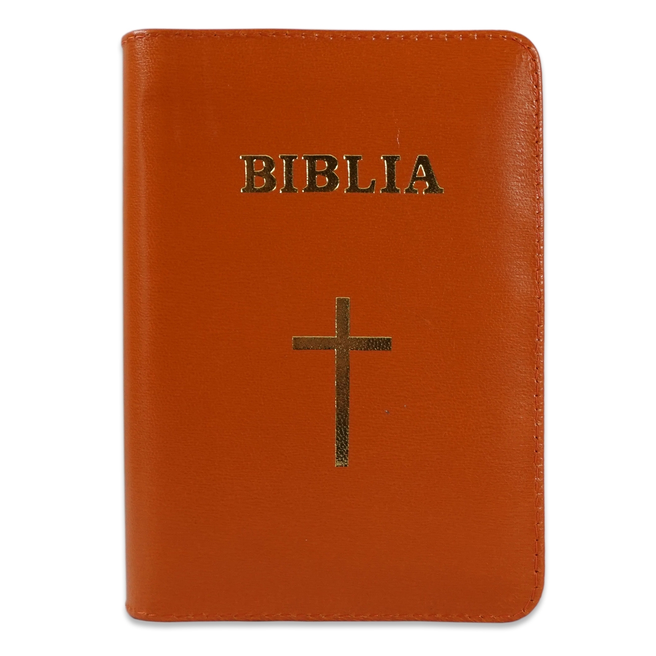 Biblia format mic, din piele, culoare portocaliu, index, fermoar, margini argintii, cu cruce, cuv. lui Isus in rosu [047 PFI]