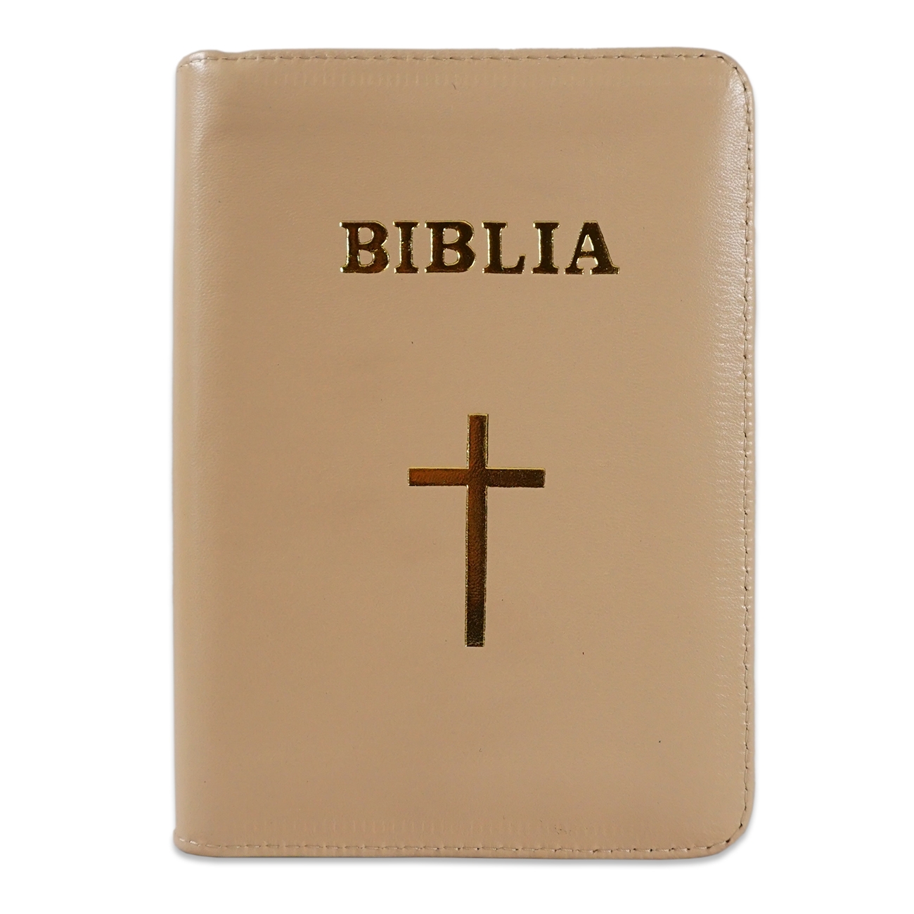 Biblia format mic, din piele, culoare crem, index, fermoar, margini argintii, cu cruce, cuv. lui Isus in rosu [047 PFI]