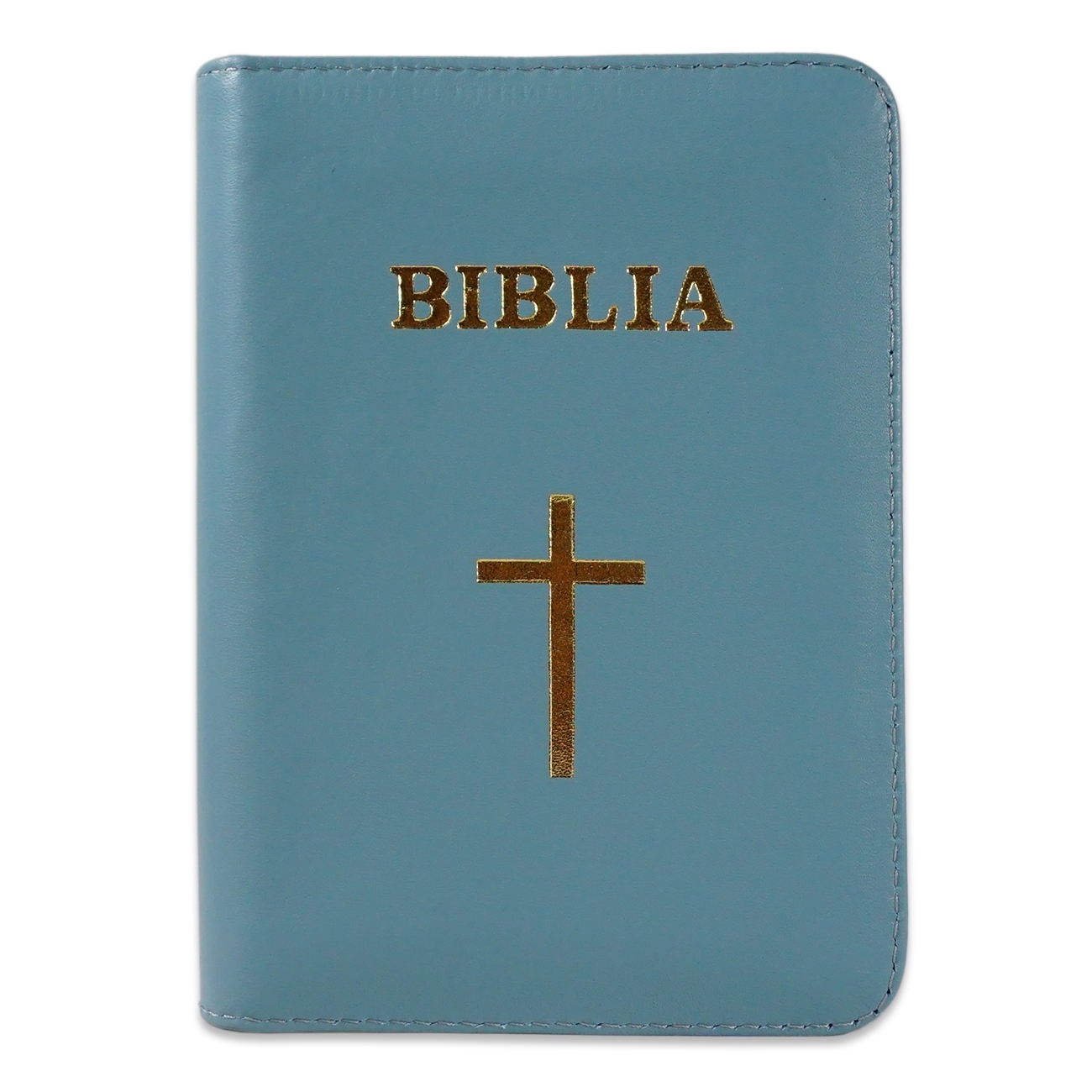 Biblia format mic, din piele, culoare gri albastrui, index, fermoar, margini argintii, cu cruce, cuv. lui Isus in rosu [047 PFI]