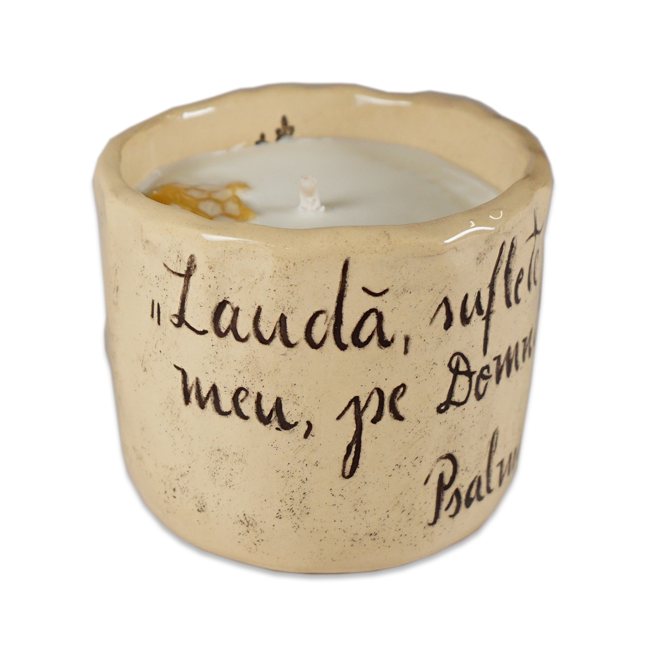 Lumânare din ceara naturală de soia turnată manual cu mesaj  - "Laudă, suflete al meu.." (marimea M)