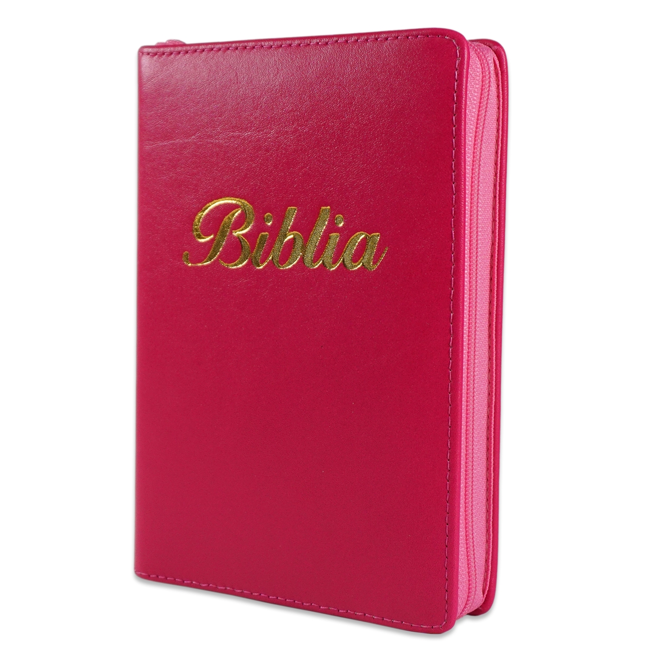 Biblia mica, din piele, culoare roz bombon, index, fermoar, margini argintii, cuv. lui Isus in rosu [MAR 047 PFI]