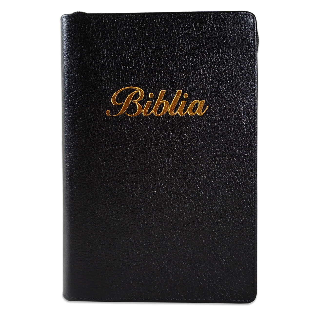 Biblia marime medie, culoare neagra, piele, fermoar, margini aurii, index, cuv. lui Isus cu rosu [MAR 057 PFI]