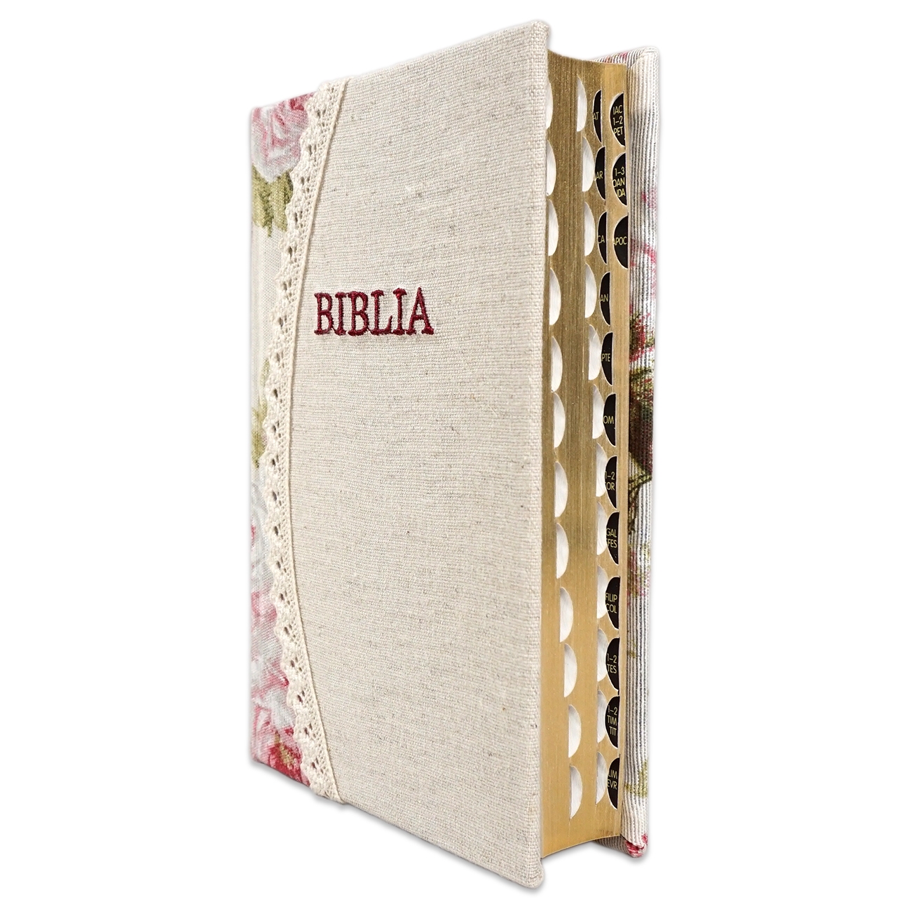 Biblia handmade, model 6, marime medie, coperta tare textila, margini aurii, index, cuv. lui Isus cu rosu [SI 057 HM]