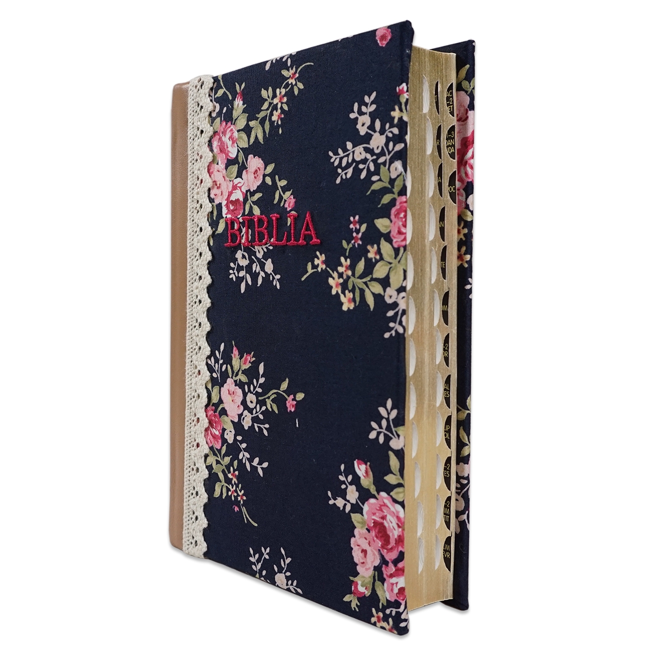 Biblia handmade, model 7, marime medie, coperta tare textila, margini aurii, index, cuv. lui Isus cu rosu [SI 057 HM]