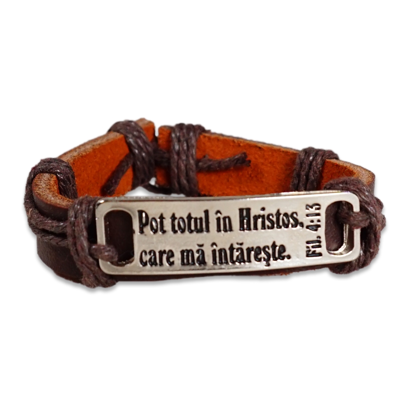 Bratara din piele maro - Pot totul în Hristos, care mă întărește! Bratara din piele maro - Pot totul în Hristos, care mă întărește!