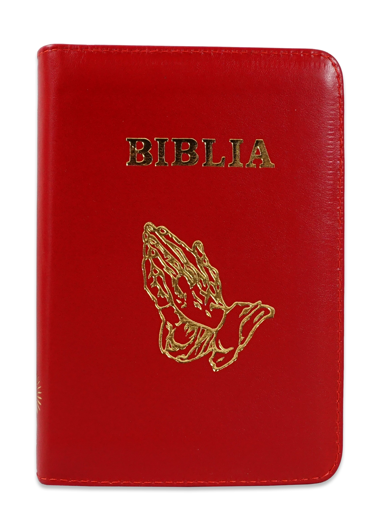 Biblia format mic, din piele, culoare rosu inchis, index, fermoar, simbol maini, margini argintii, cuv. lui Isus in rosu [047 PFI]