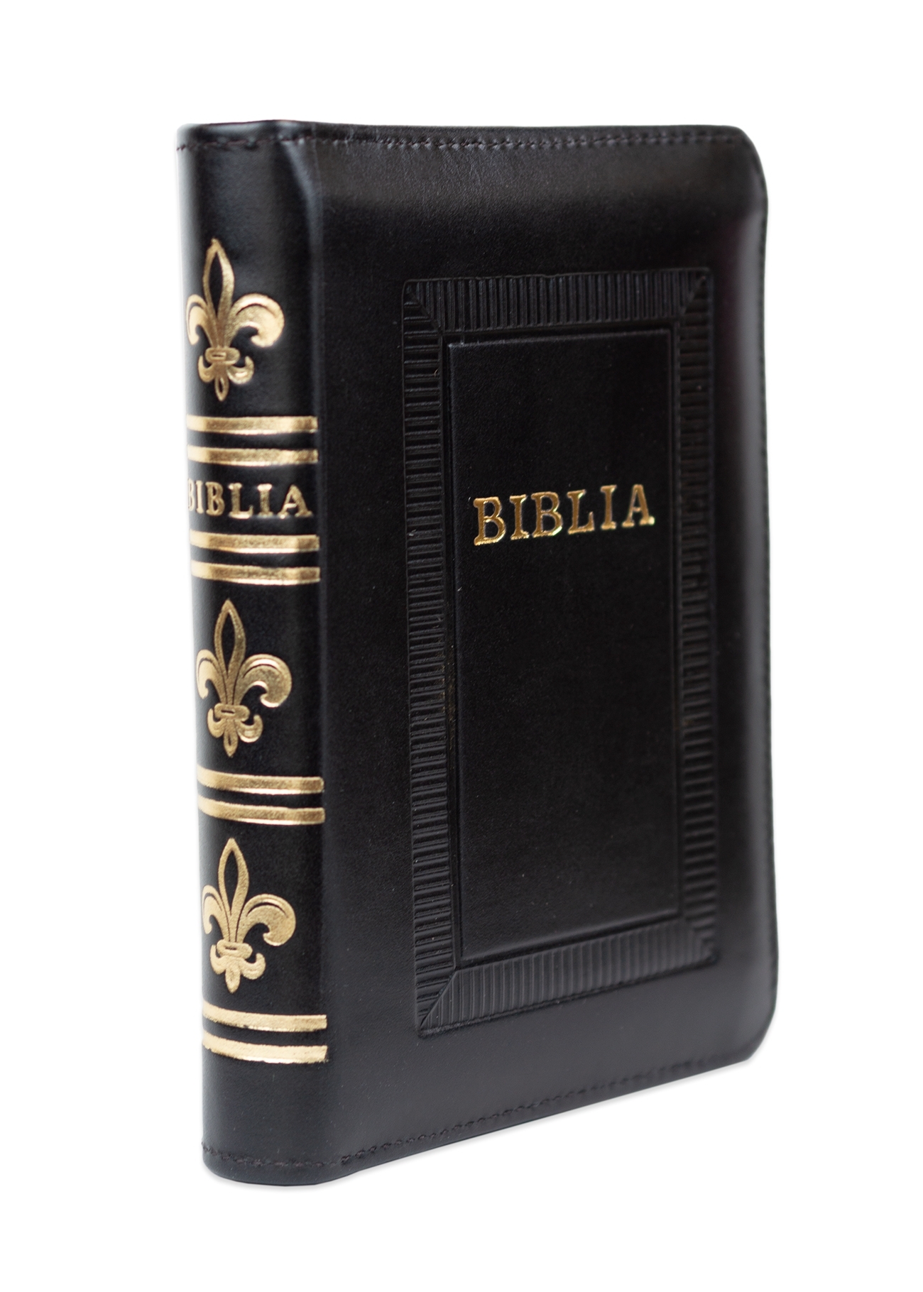 Biblie marime mica, piele, hand made, culoare negru, index, fermoar, margini aurii, cuv. lui Isus cu rosu [047 HM]