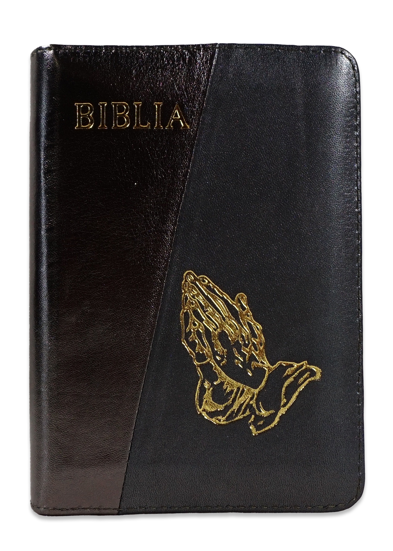 Biblie din piele,marime mica, culoare kaki cu gri sidefat, fermoar, margini albe, simbolul maini in rugaciune, cuv. lui Isus in rosu [043 PF]