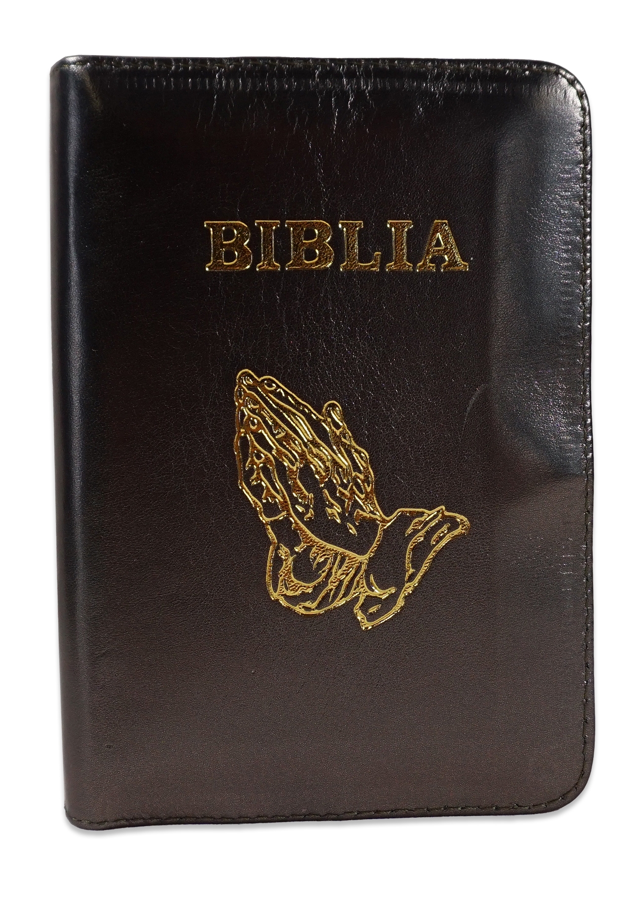 Biblie din piele,marime mica, culoare kaki sidefat, fermoar, margini albe, simbolul maini in rugaciune, cuv. lui Isus in rosu [043 PF]