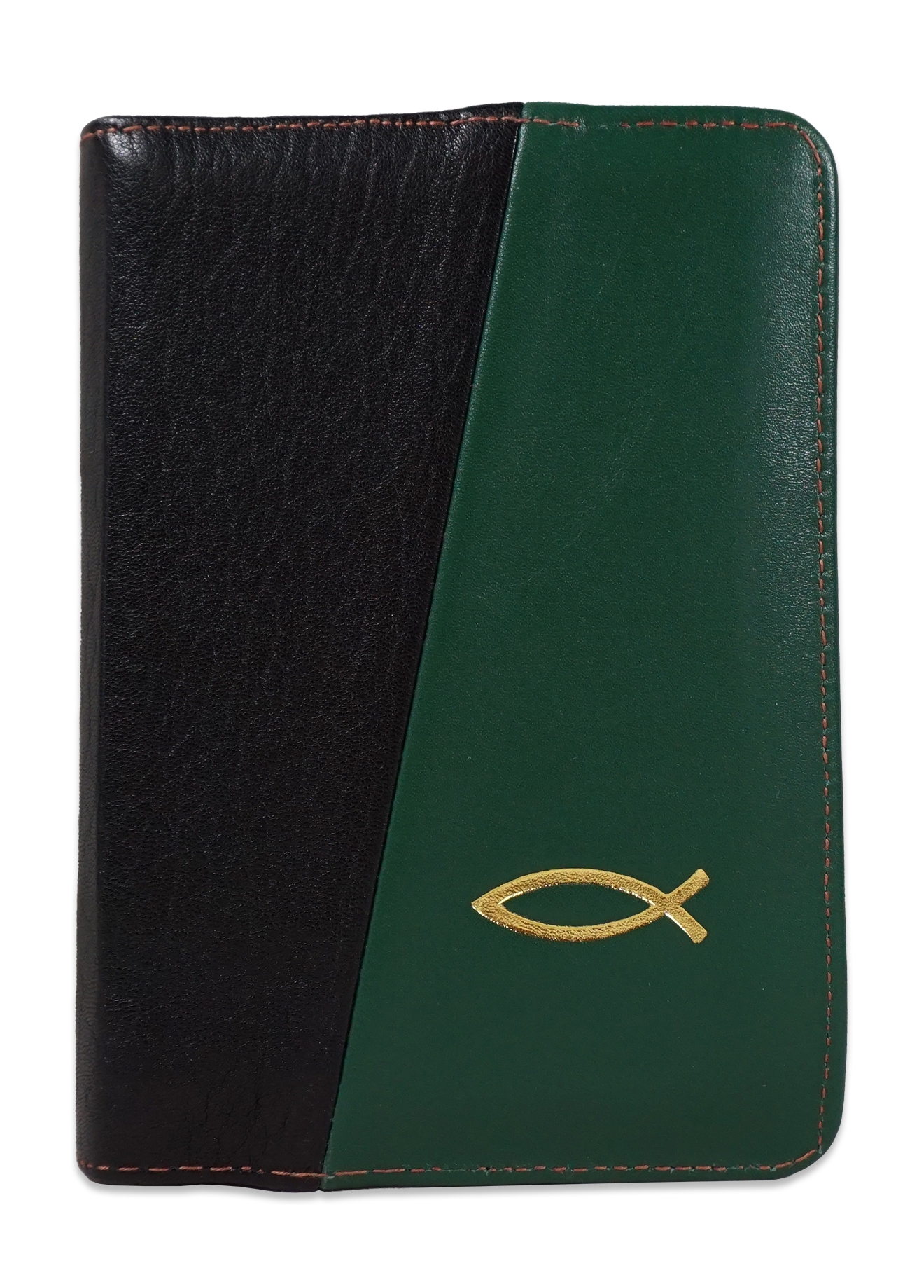 Biblie din piele, marime mica, culoare negru cu verde, fermoar, margini albe, simbol peste, cuv. lui Isus in rosu [043 PF]