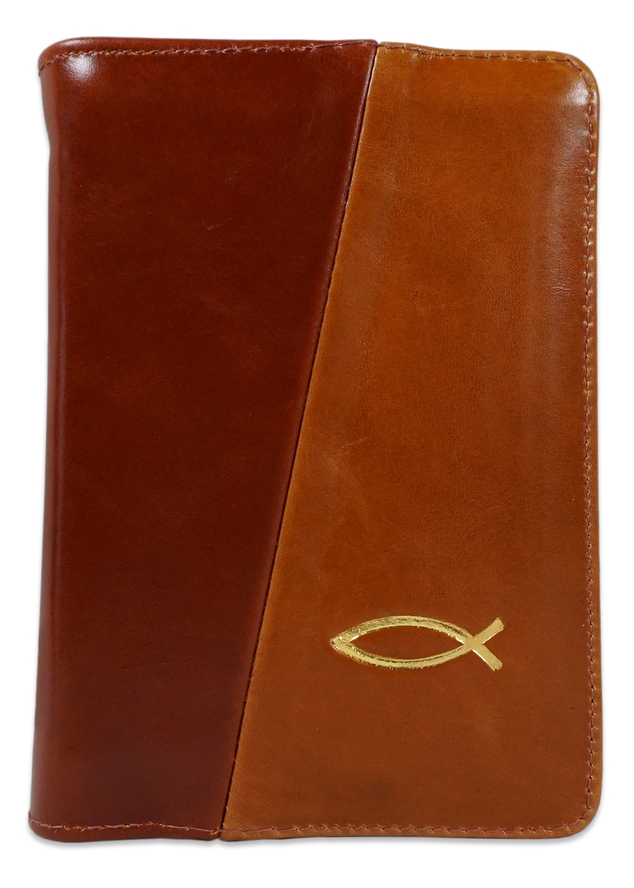 Biblie din piele, marime mica, culoare maro roscat cu maro deschis, fermoar, margini albe, simbol peste, cuv. lui Isus in rosu [043 PF]