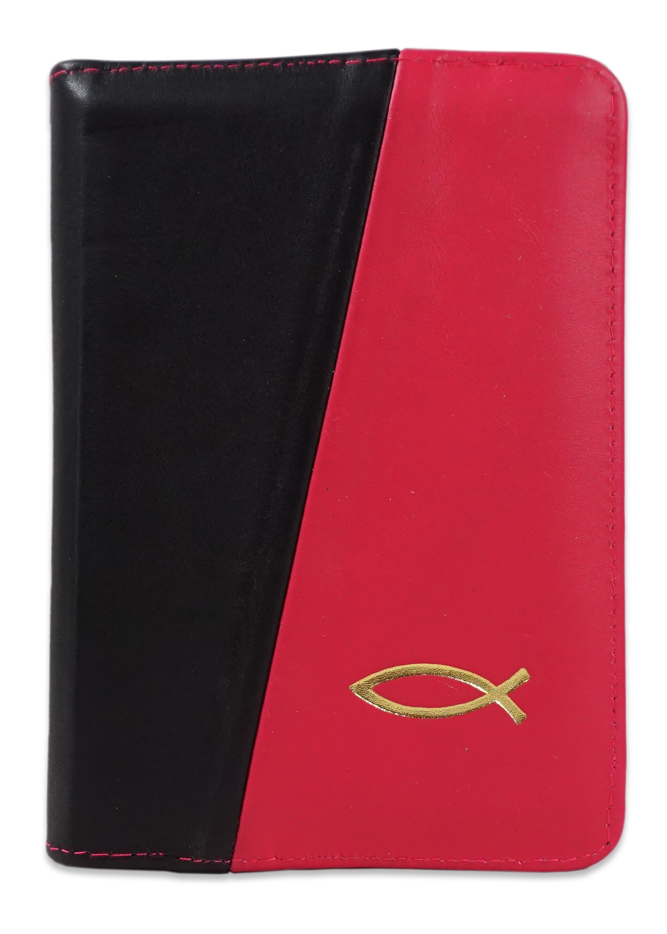 Biblie din piele, marime mica, culoare negru cu roz, fermoar, margini albe, simbol peste, cuv. lui Isus in rosu [043 PF]