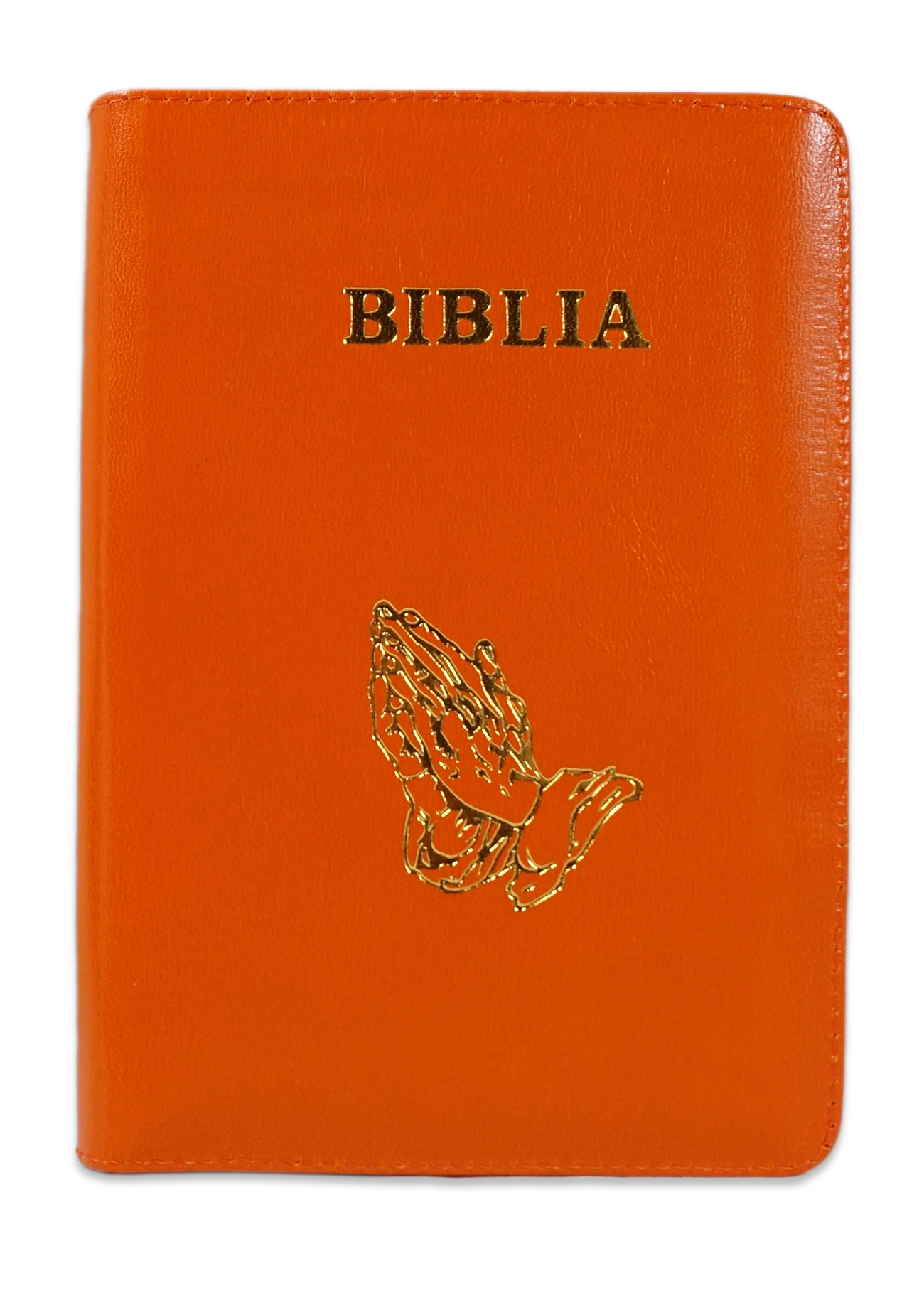 Biblie din piele, marime medie,nuanta portocaliu, fermoar, maini in rugaciune, margini albe,cuv. lui Isus cu rosu [053]