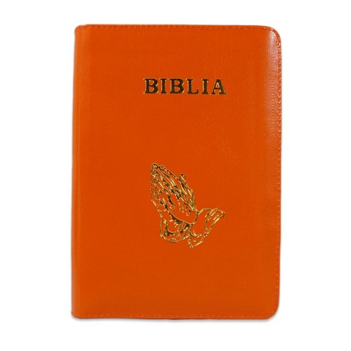 Biblie din piele, marime medie, culoare portocaliu, simbol maini in rugaciune, fermoar, index, margini aurii, cuv. lui Isus cu rosu [SB 057 PFI]