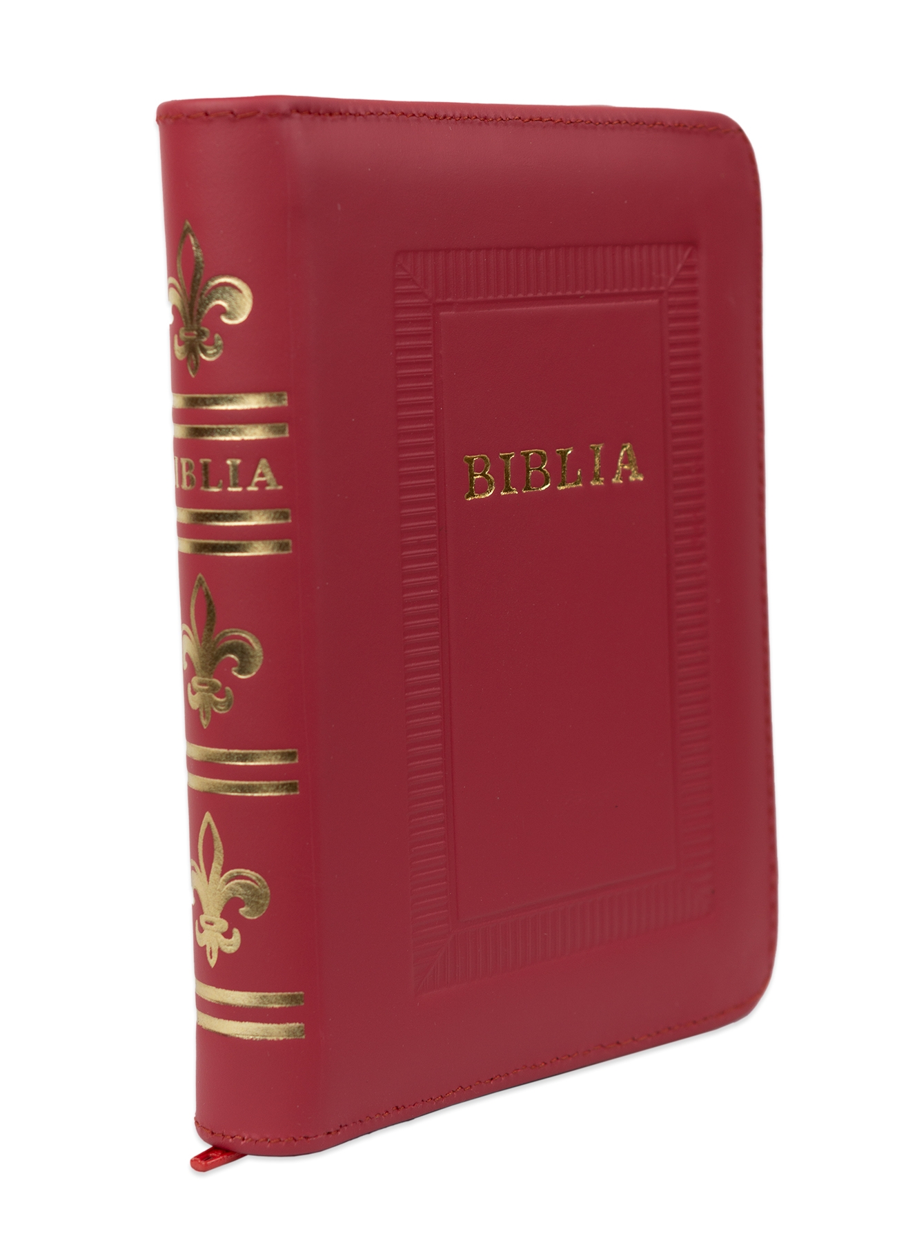 Biblie marime mica, piele, hand made, culoare roșu deschis, index, fermoar, margini argintii, cuv. lui Isus cu rosu [047 HM]