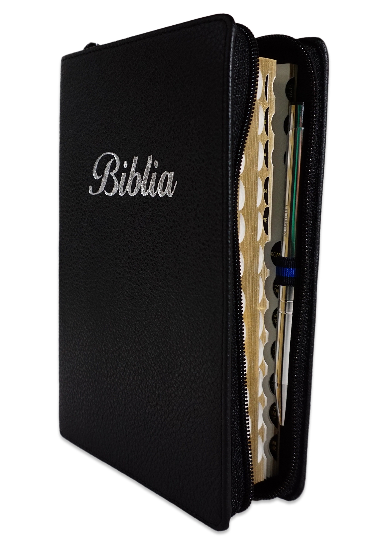 [ANTICARIAT]  Biblia marime medie, culoare neagra, piele, fermoar, margini aurii, index, cuv. lui Isus cu rosu [MAR 057 PFI]  (Produs cu defect)