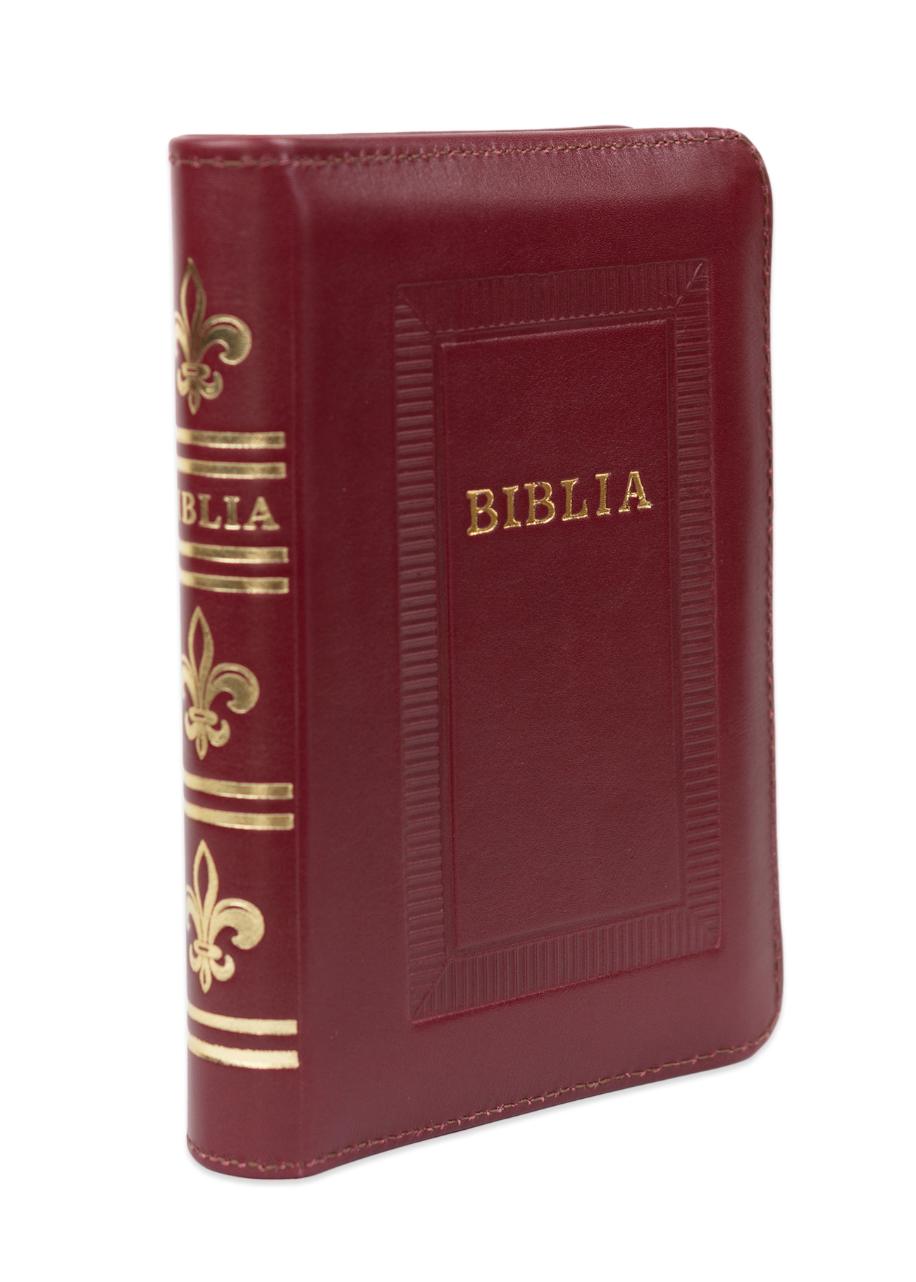 Biblie marime mica, piele, hand made, culoare bordo, index, fermoar, margini argintii, cuv. lui Isus cu rosu [047 HM]