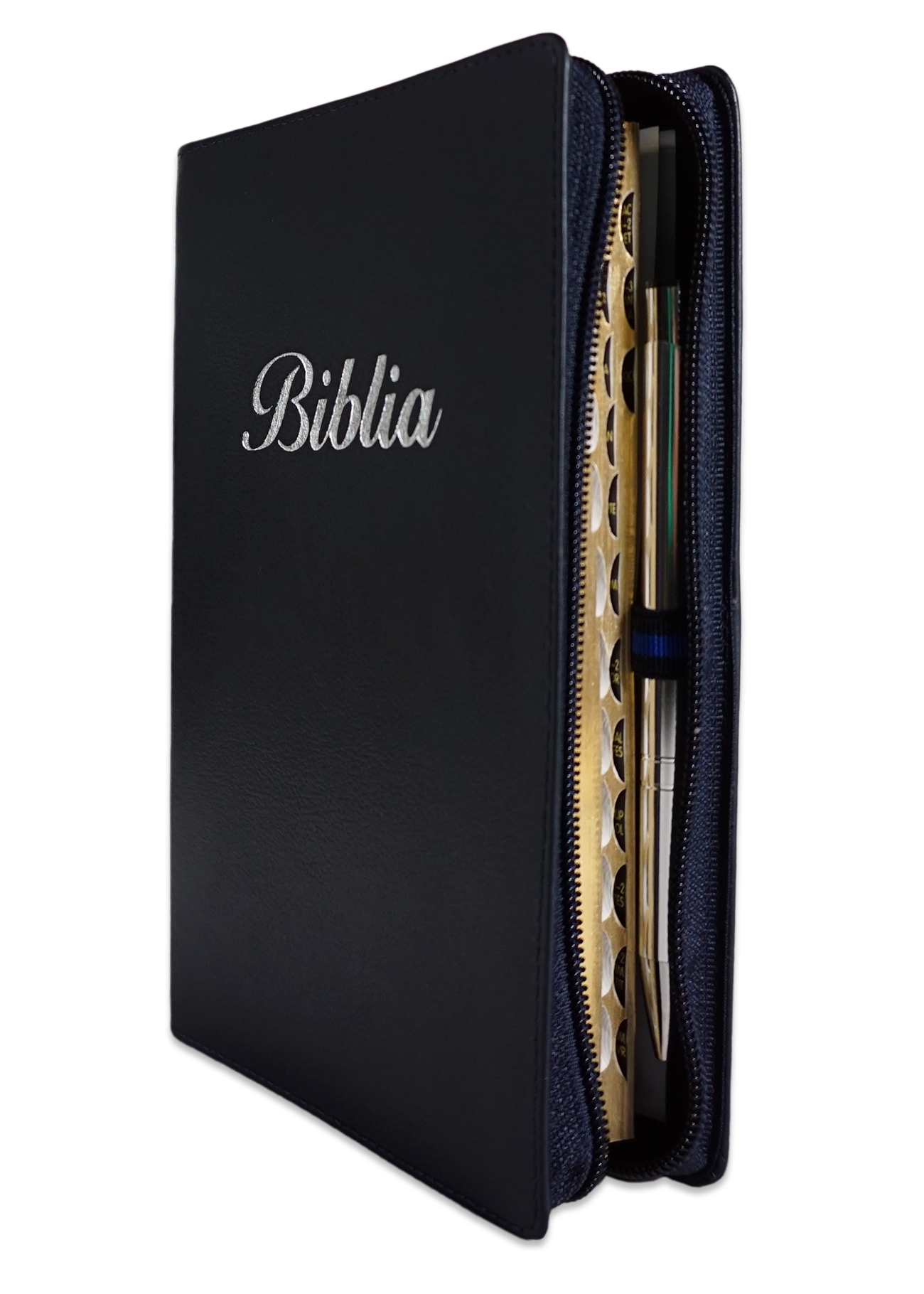 Biblia marime medie, bleumarin, piele, fermoar, margini aurii, index, cuv. lui Isus cu rosu [MAR 057 PFI]