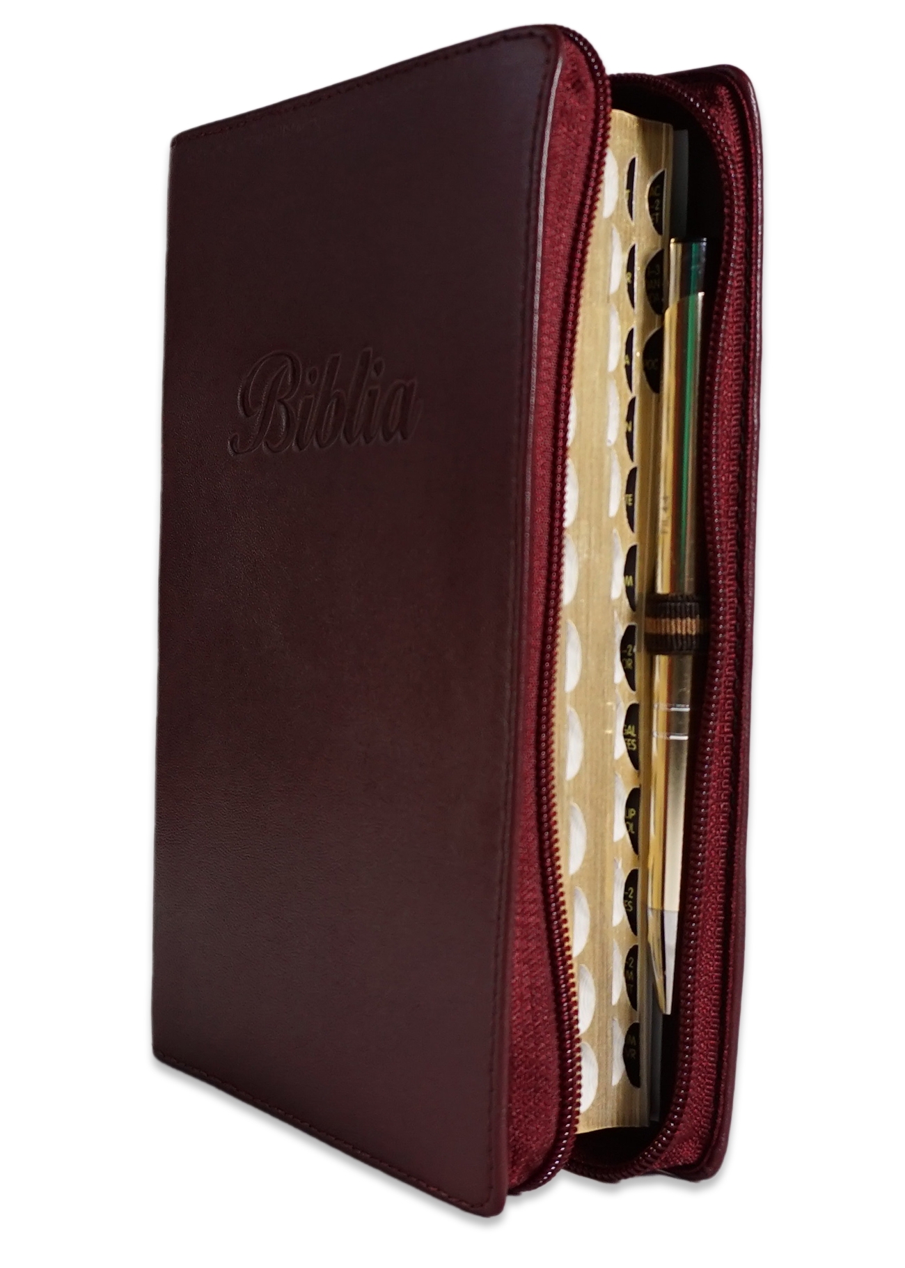 Biblia marime medie, visiniu, piele, fermoar, margini aurii, index, cuv. lui Isus cu rosu [MAR 057 PFI]