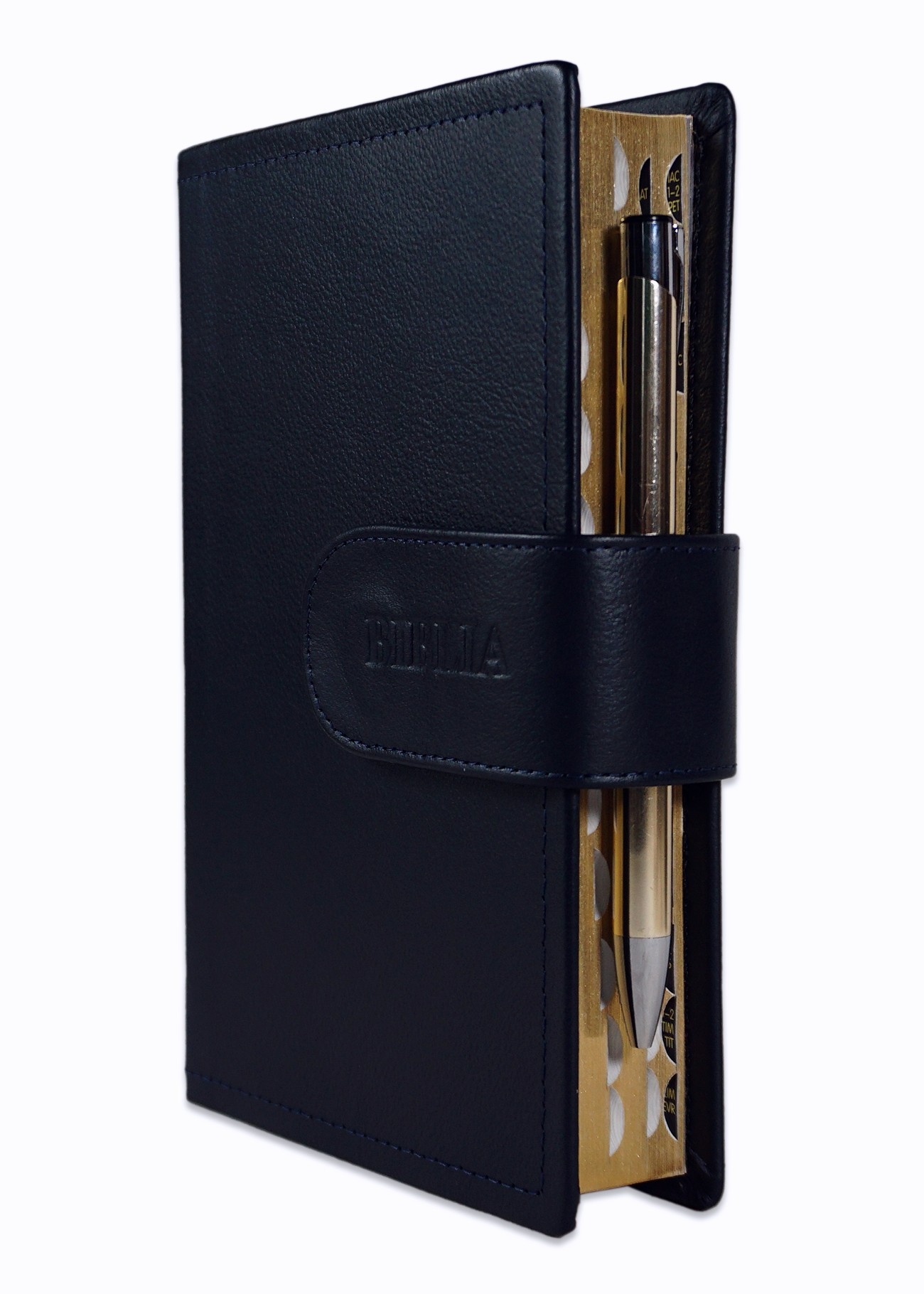 Biblia marime medie, albastru inchis, piele, inchidere baretă cu capsă, margini aurii, index, cuv. lui Isus cu rosu [MAR 057 PBI]