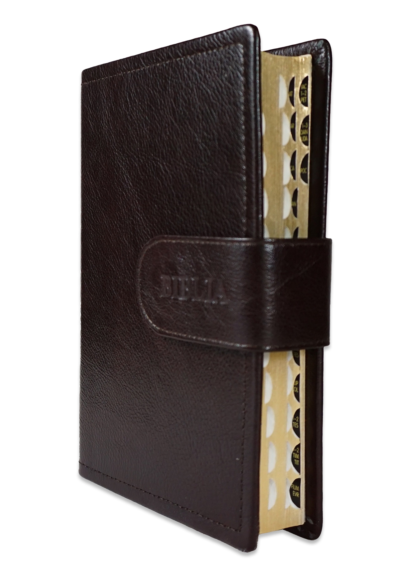 Biblia marime medie, maro inchis, piele, inchidere baretă cu capsă, margini aurii, index, cuv. lui Isus cu rosu [MAR 057 PBI]