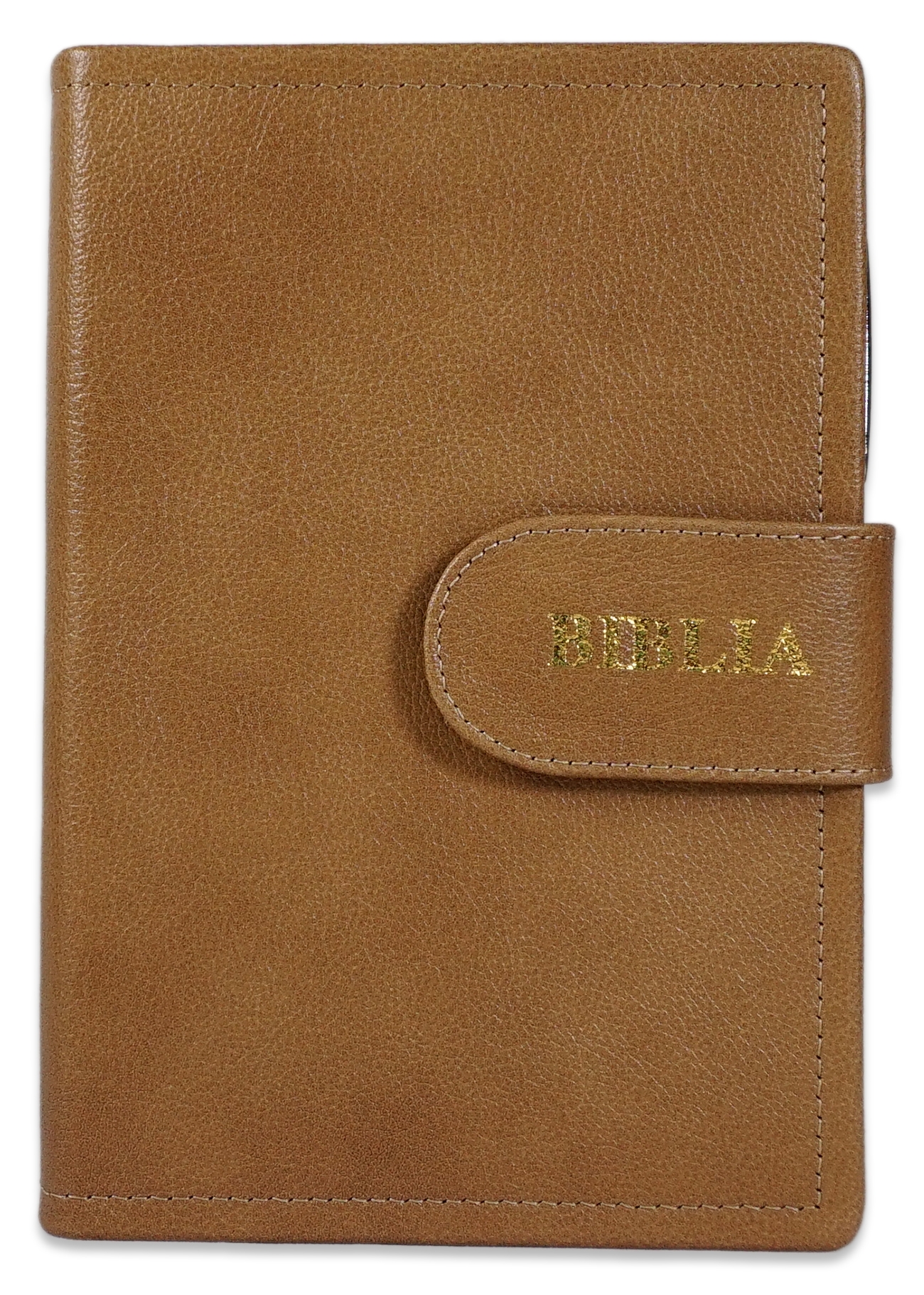 Biblia marime medie, crem inchis, piele, inchidere baretă cu capsă, margini aurii, index, cuv. lui Isus cu rosu [MAR 057 PBI]