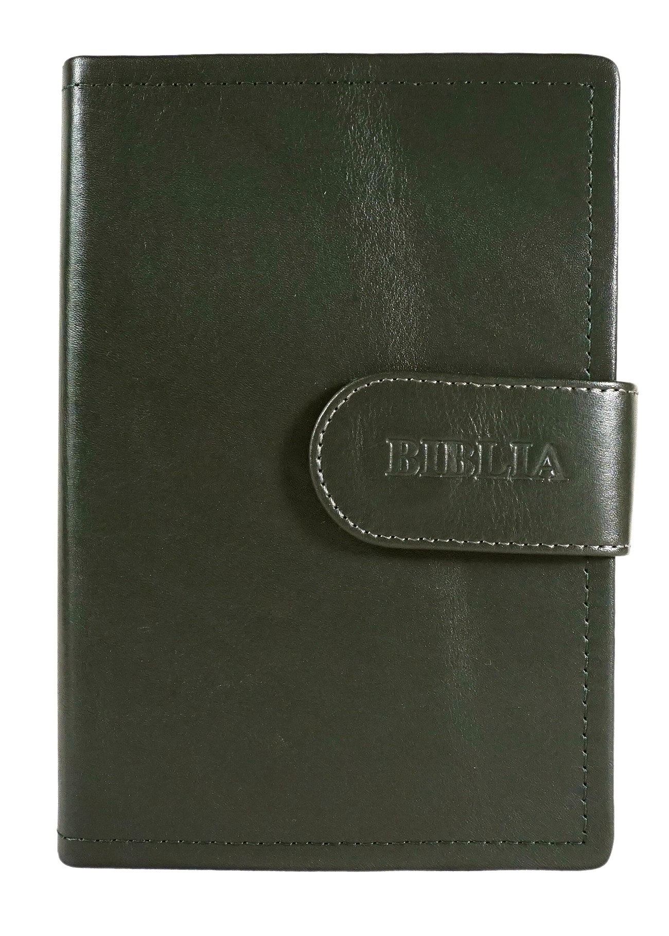 Biblia marime medie, olive, piele, inchidere baretă cu capsă, margini aurii, index, cuv. lui Isus cu rosu [MAR 057 PBI]