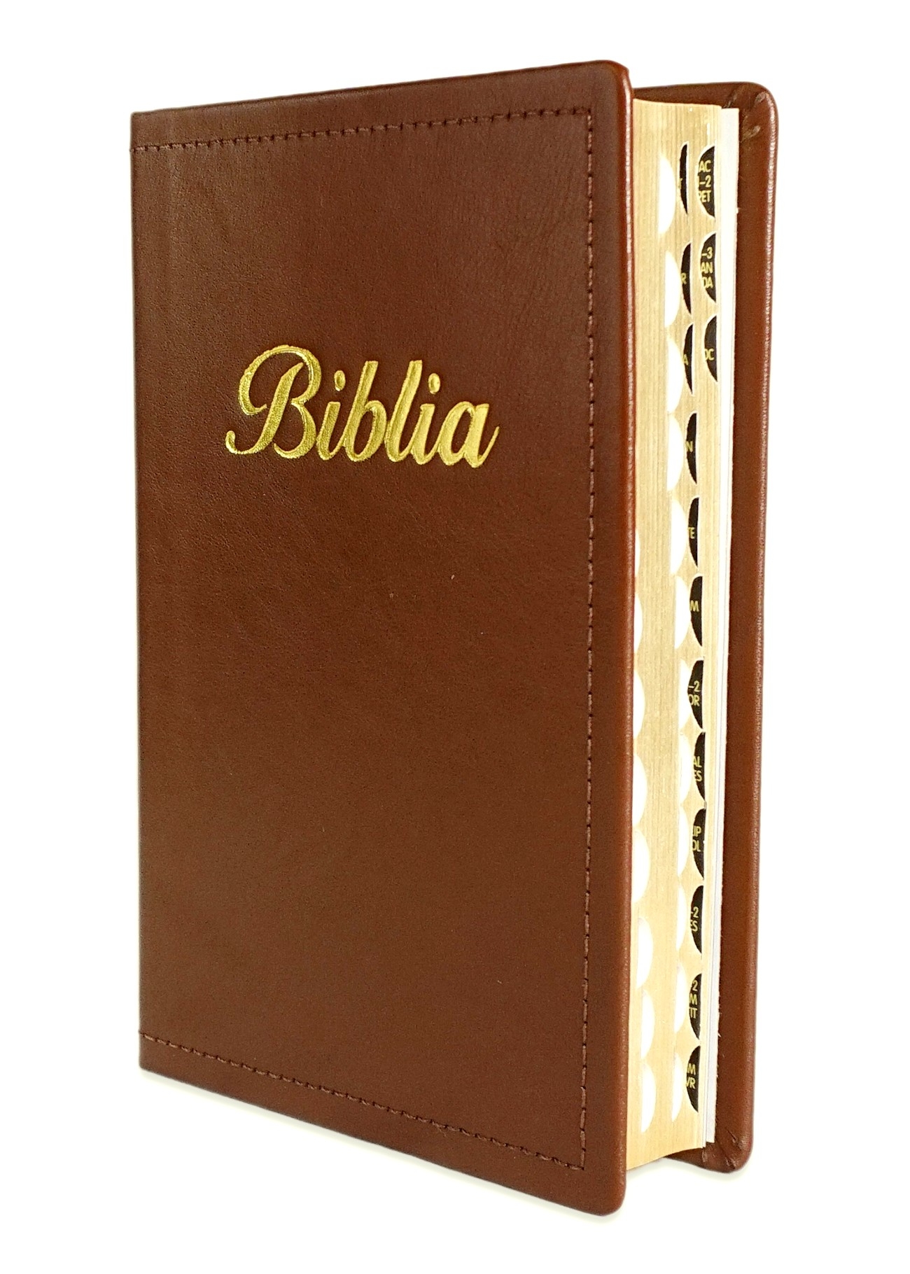 Biblia marime medie, maro, piele, fara fermoar, margini aurii, index, cuv. lui Isus cu rosu [MAR 057 PI]