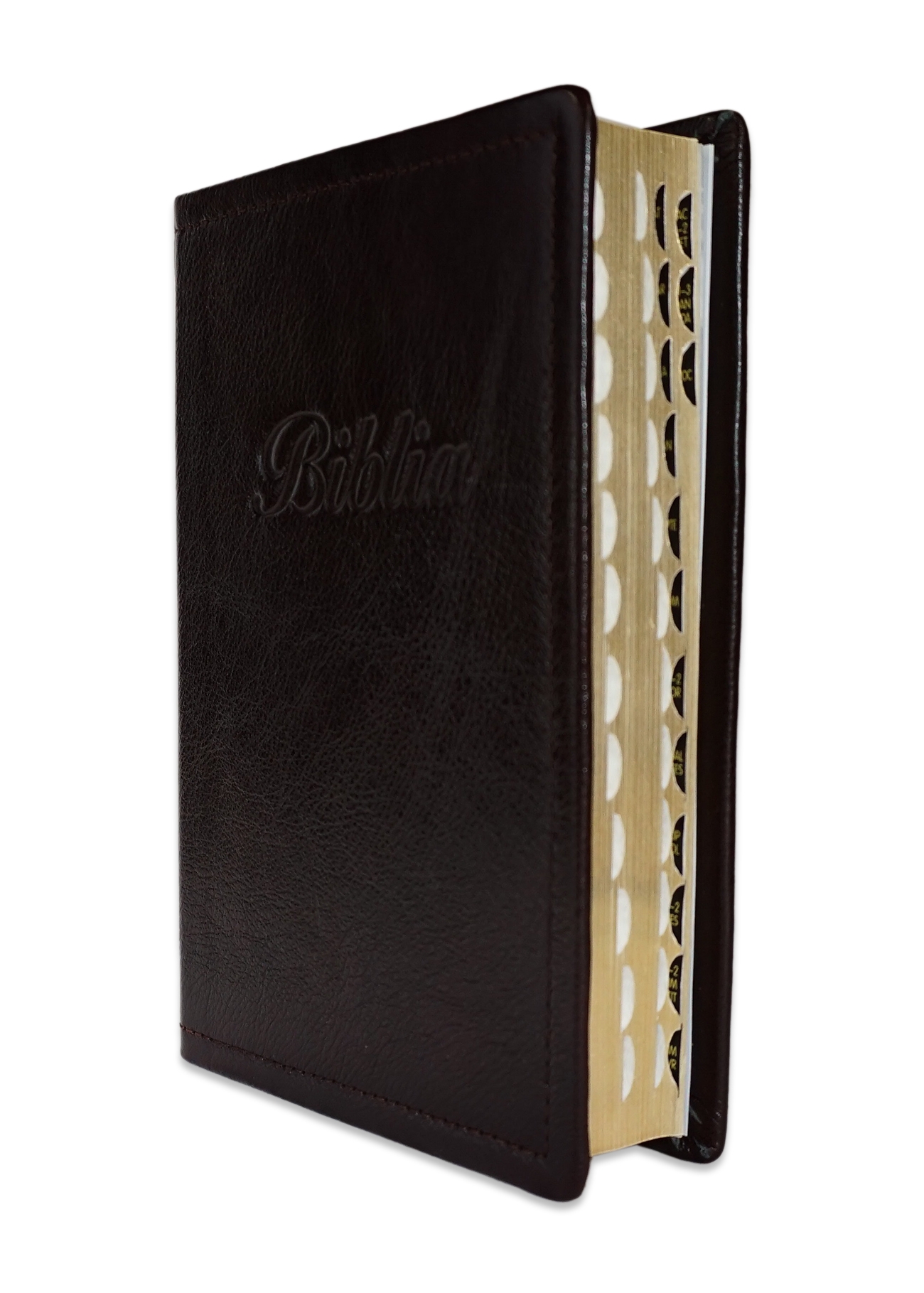 Biblia marime medie, maro inchis, piele, fara fermoar, margini aurii, index, cuv. lui Isus cu rosu [MAR 057 PI]