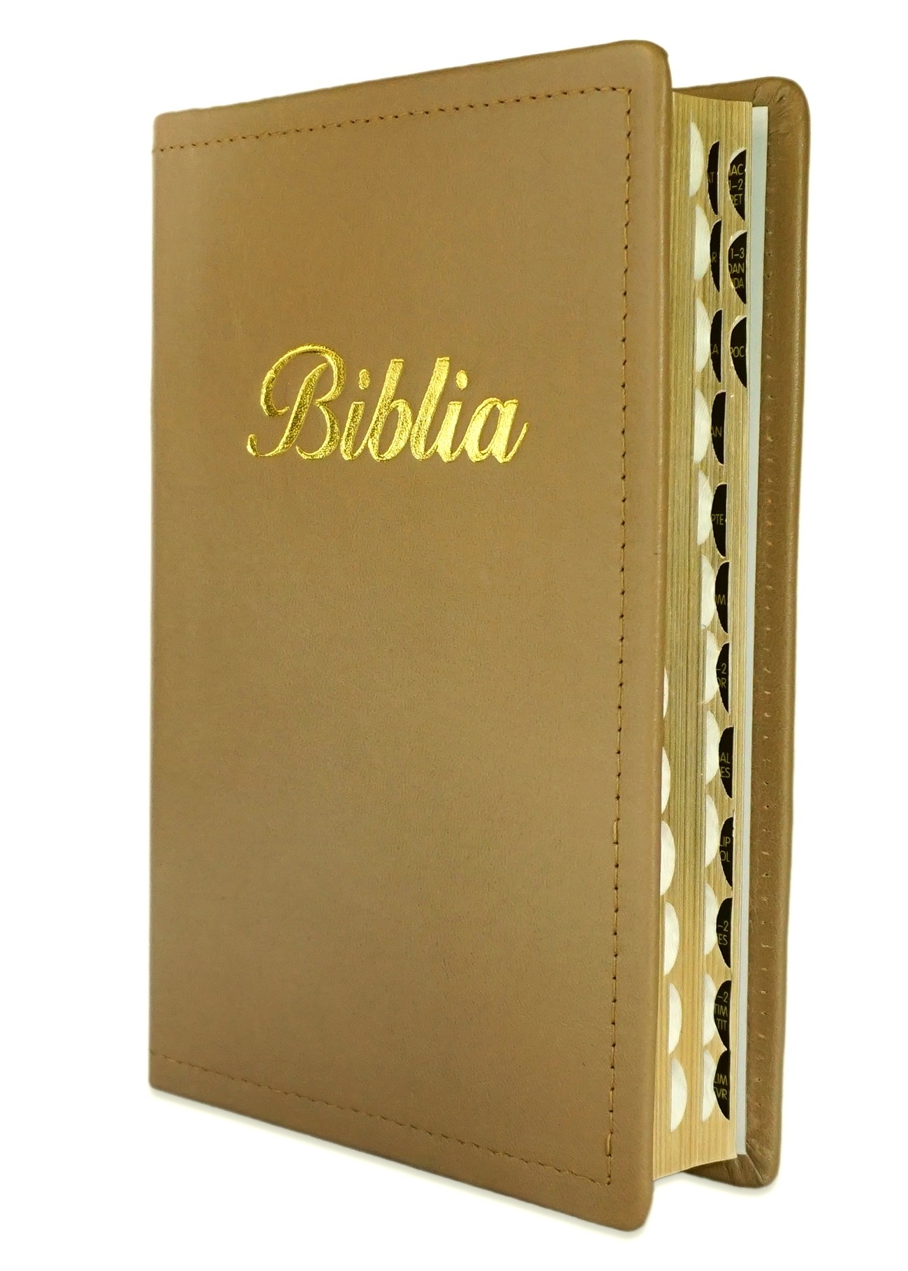 Biblia marime medie, crem inchis, piele, fara fermoar, margini aurii, index, cuv. lui Isus cu rosu [MAR 057 PI]