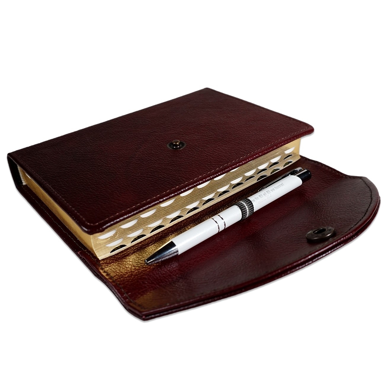 Biblia marime medie, bordo, piele, inchidere clapeta cu capsa 2, margini aurii, index, cuv. lui Isus cu rosu [MAR 057 PCI]