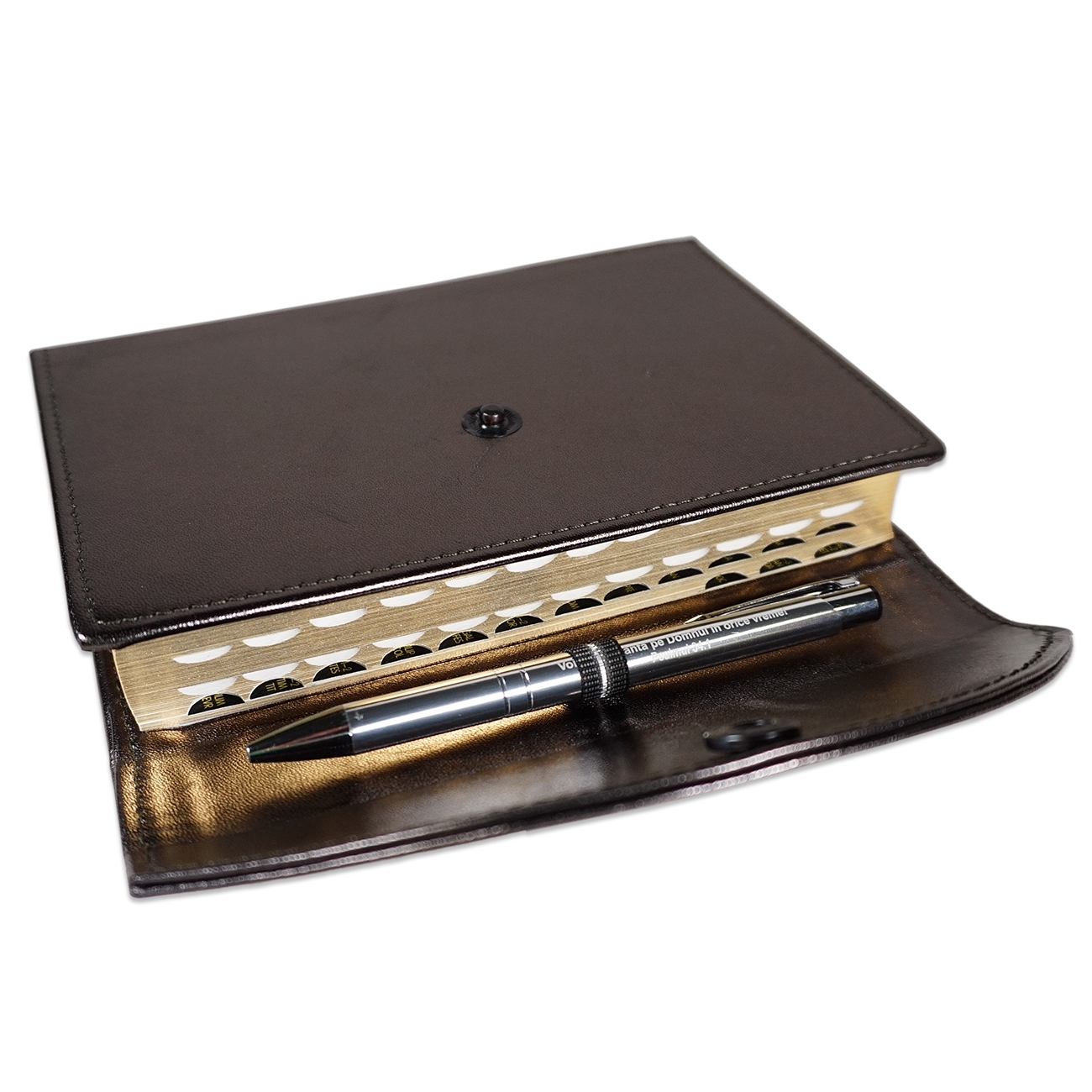 Biblia marime medie, gri sidefat, piele, inchidere clapeta cu capsa 2, margini aurii, index, cuv. lui Isus cu rosu [MAR 057 PCI]