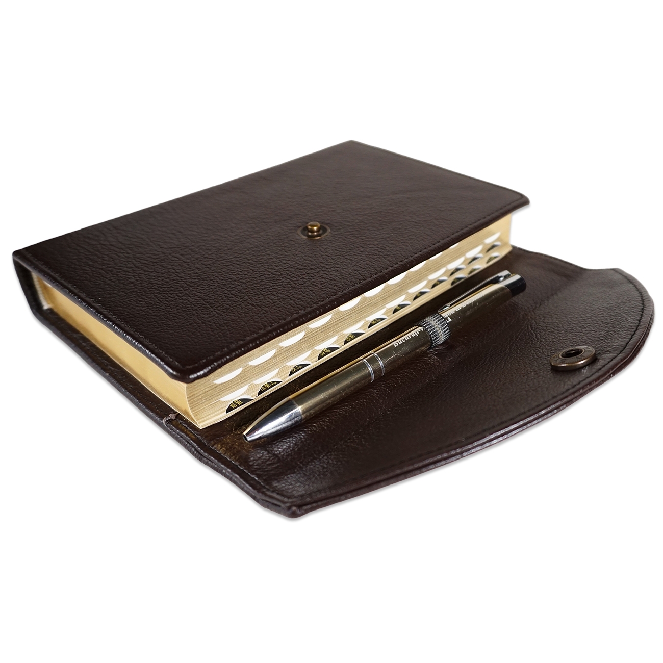 Biblia marime medie, maro inchis, piele, inchidere clapeta cu capsa 2, margini aurii, index, cuv. lui Isus cu rosu [MAR 057 PCI]