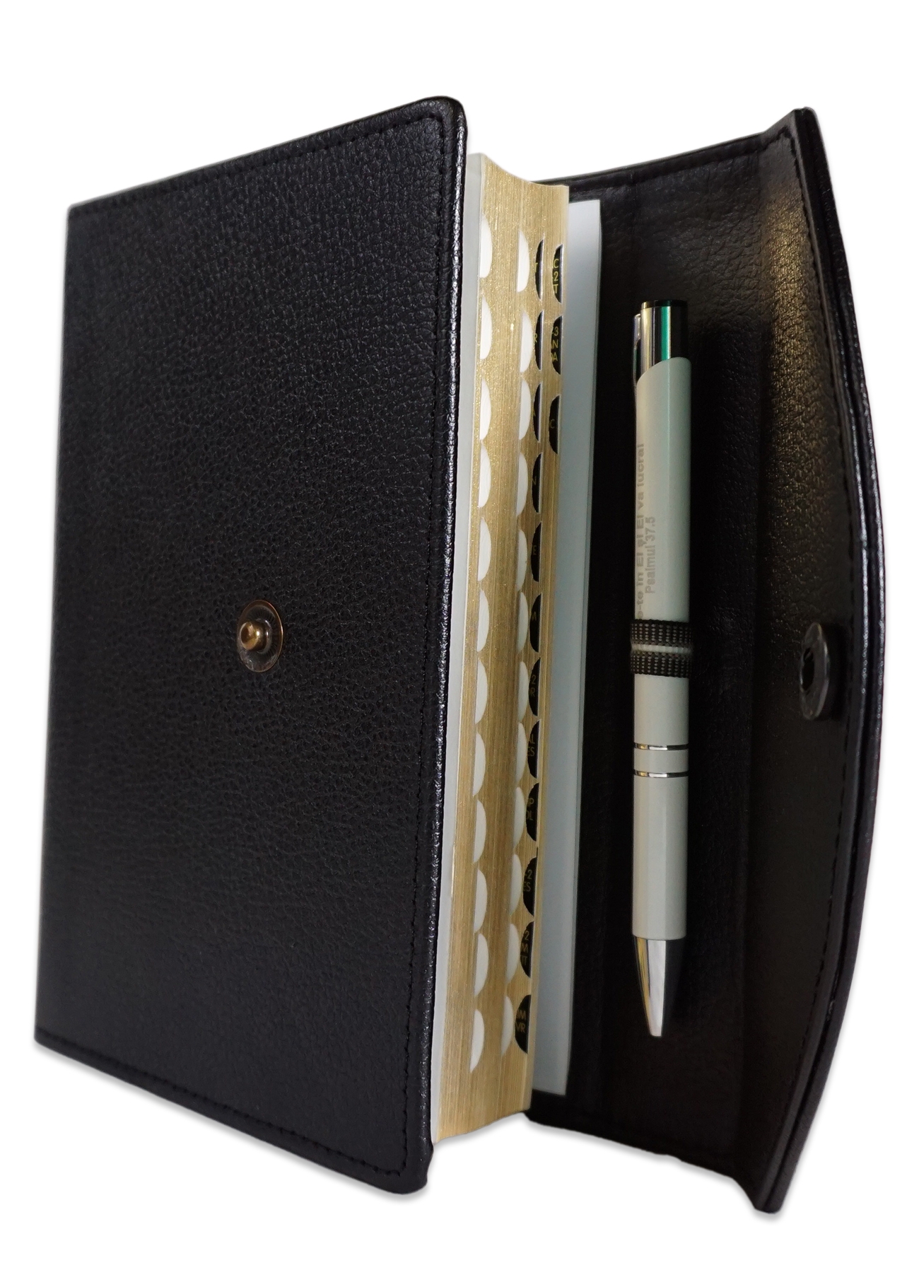 Biblia marime medie, neagra, piele, inchidere clapeta cu capsa 2, margini aurii, index, cuv. lui Isus cu rosu [MAR 057 PCI]