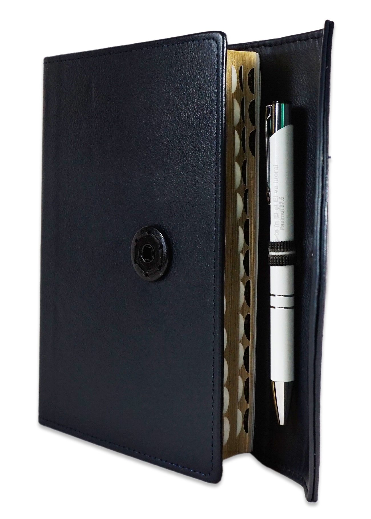 Biblia marime medie, albastru inchis, piele, inchidere clapeta cu capsa 1, margini aurii, index, cuv. lui Isus cu rosu [MAR 057 PCI]