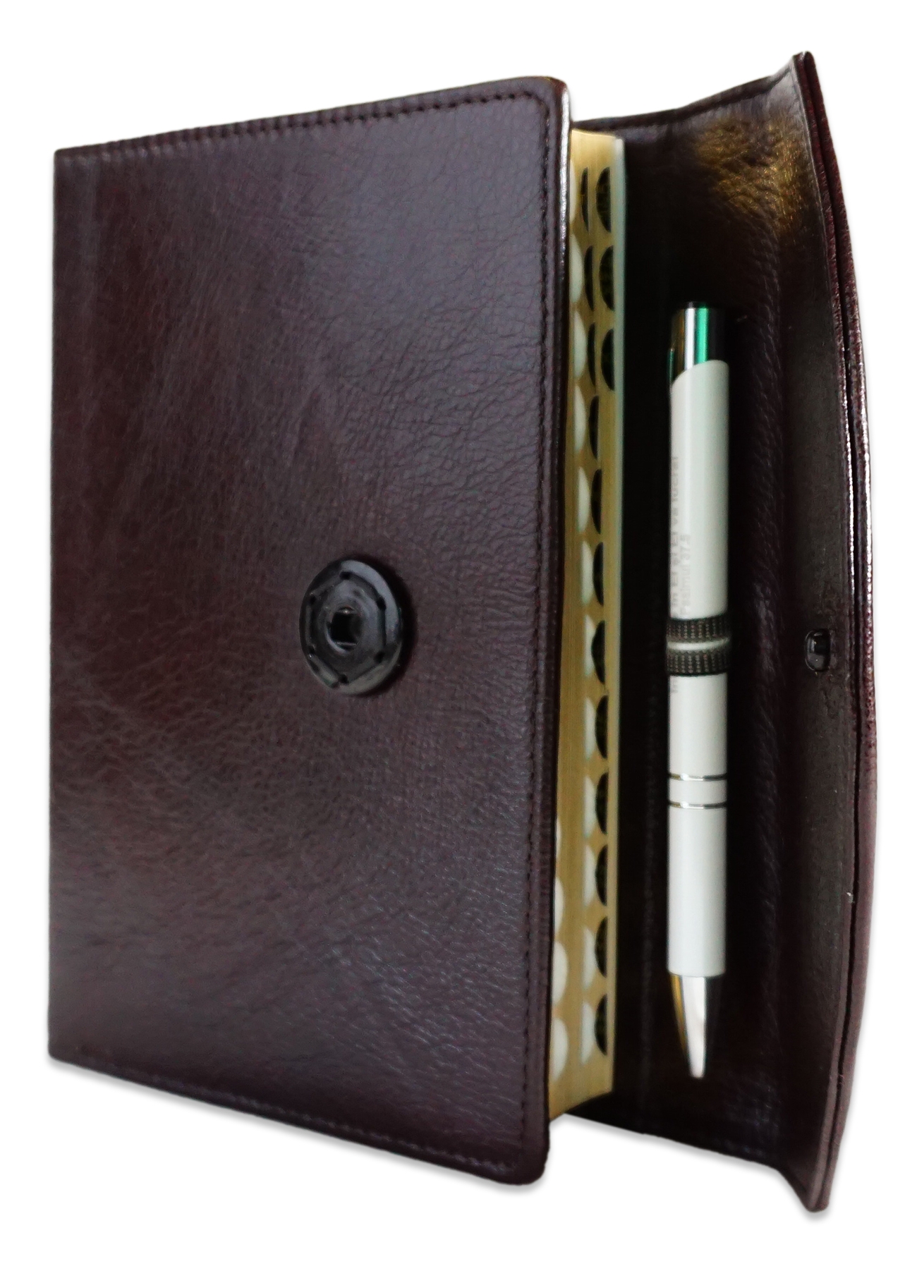 Biblia marime medie, maro inchis, piele, inchidere clapeta cu capsa 1, margini aurii, index, cuv. lui Isus cu rosu [MAR 057 PCI]