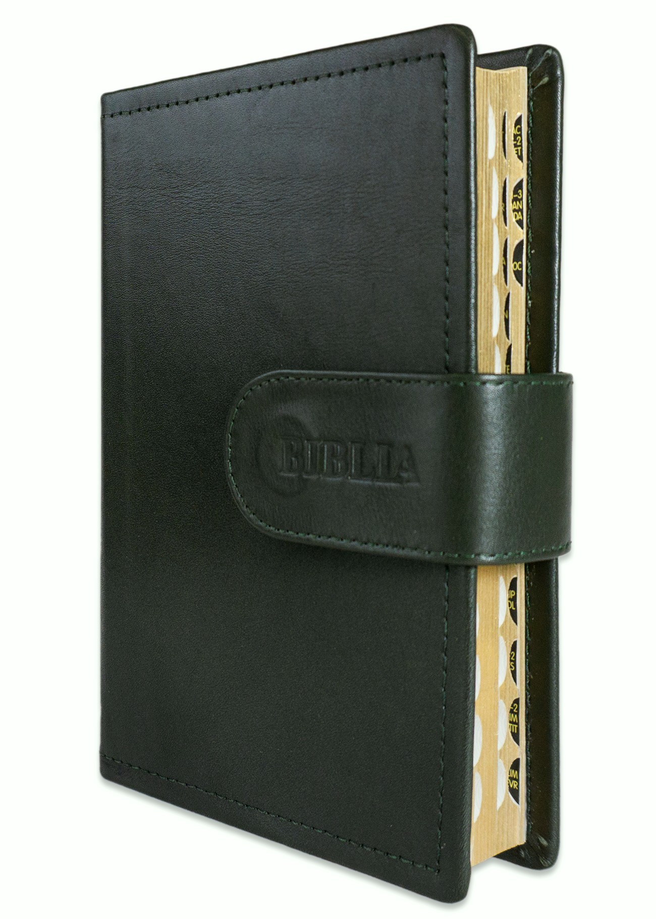 Biblia marime medie, verde inchis, piele, inchidere baretă cu capsă, margini aurii, index, cuv. lui Isus cu rosu [MAR 057 PBI]