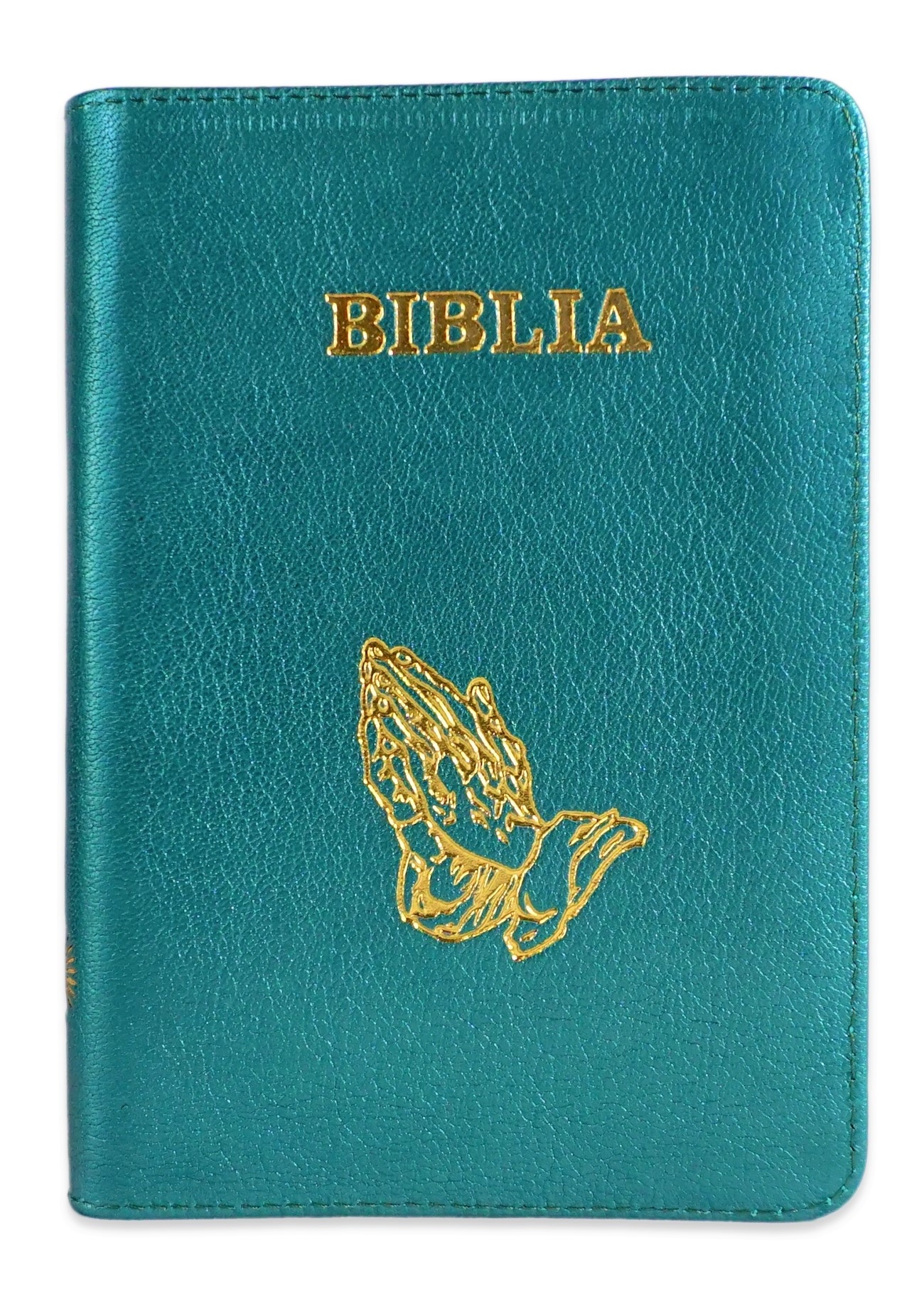 Biblie din piele, marime medie, culoare turcoaz metalizat, simbol maini in rugaciune, fermoar, index, margini aurii, cuv. lui Isus cu rosu [SB 057 PFI]