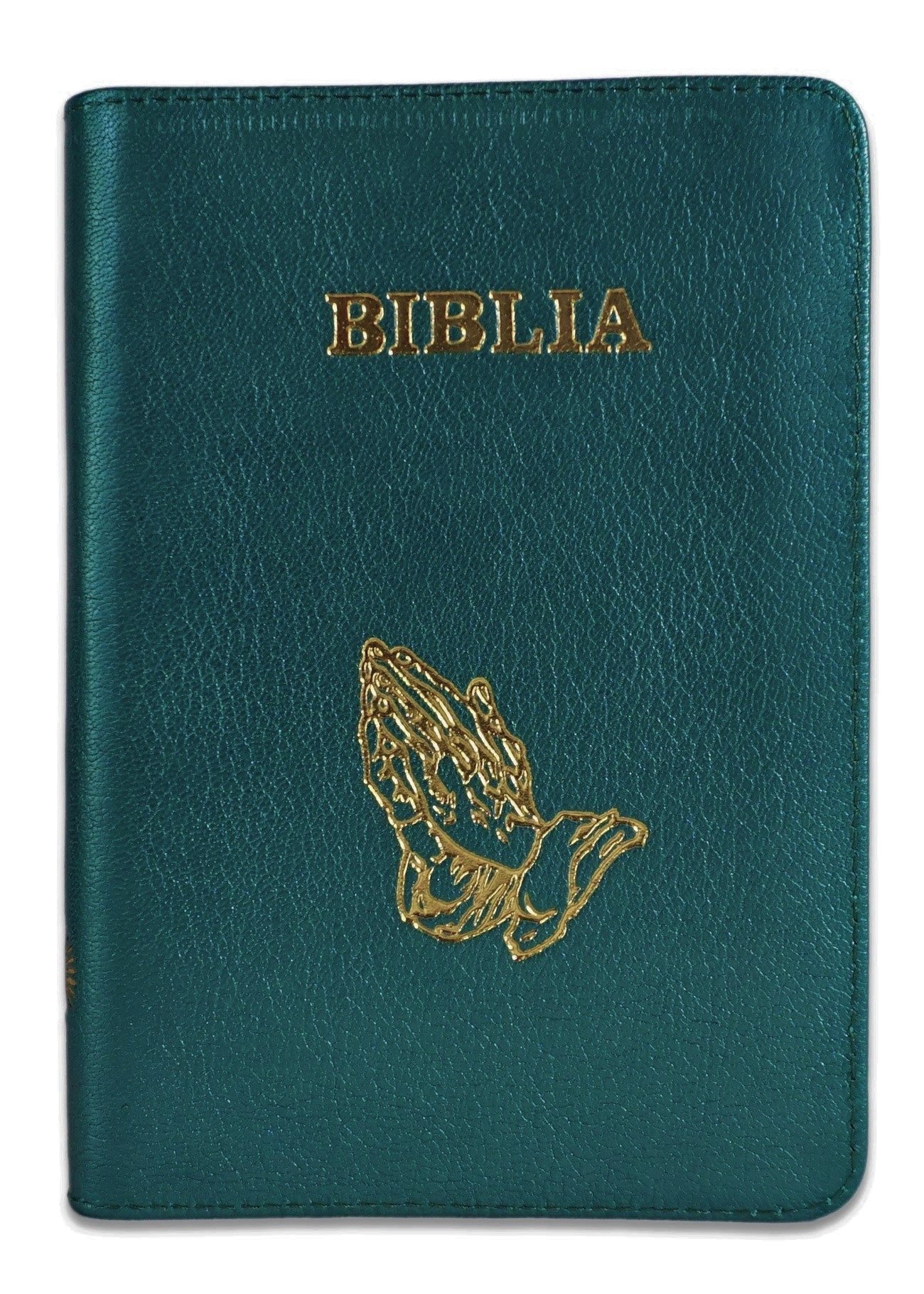 Biblie din piele, marime medie, culoare, turcoaz închis, fermoar, margini albe, simbol maini in rugaciune,  cuv. lui Isus cu rosu [053]