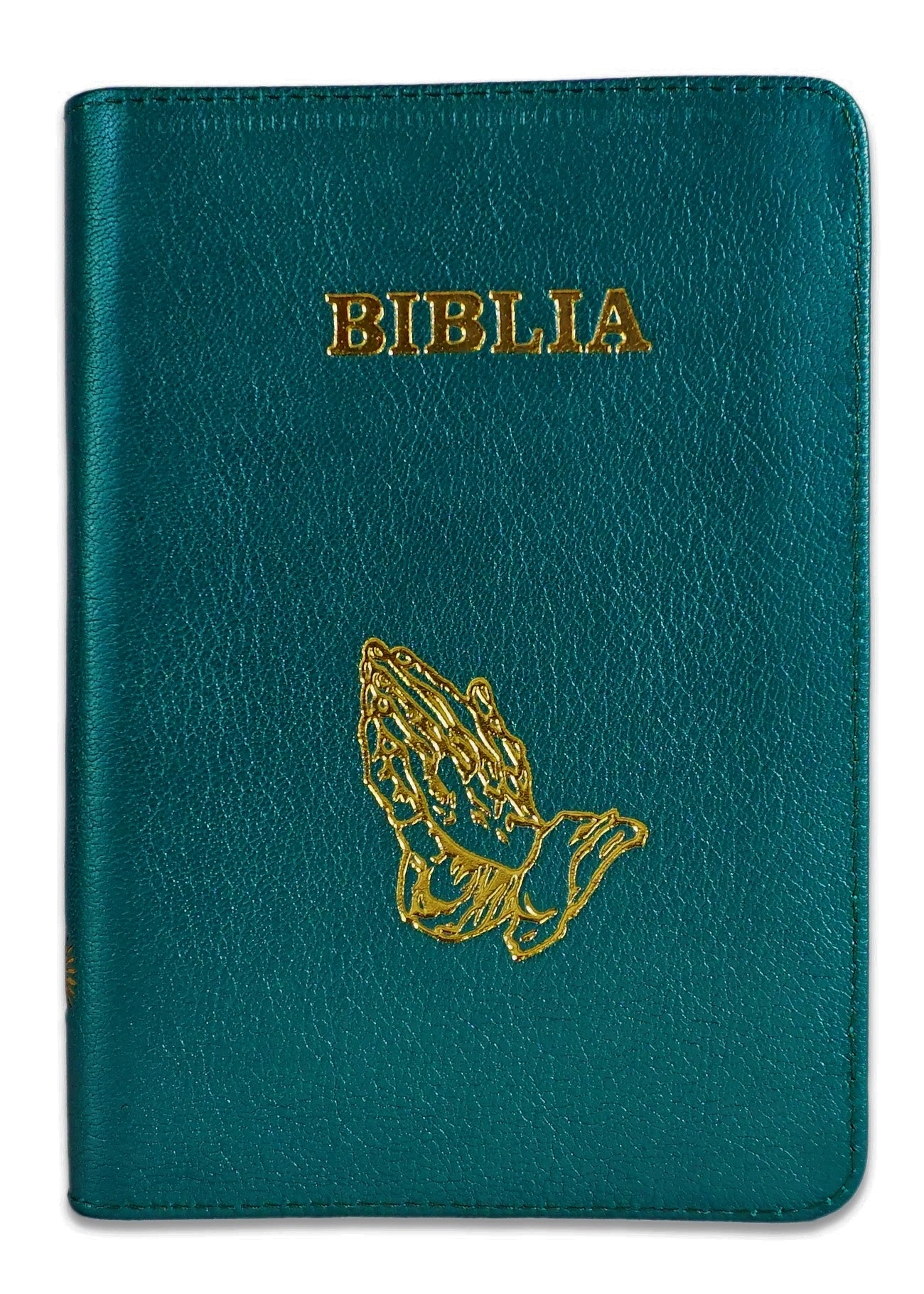 Biblie din piele, marime medie, turcoaz metalizat, fermoar, margini albe, simbol maini in rugaciune, cuv. lui Isus cu rosu [053]