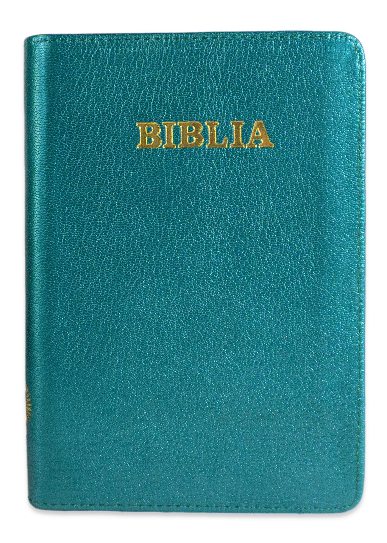 Biblie din piele, marime medie, culoare turcoaz metalizat, fermoar, index, margini aurii, cuv. lui Isus cu rosu [SB 057 PFI]