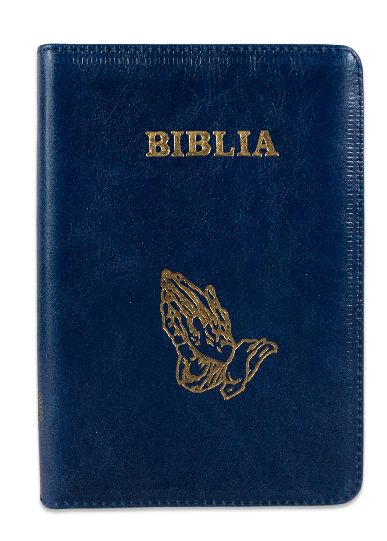 Biblie din piele, marime medie, culoare albastru, simbol maini in rugaciune, fermoar, index, margini aurii, cuv. lui Isus cu rosu [SB 057 PFI]