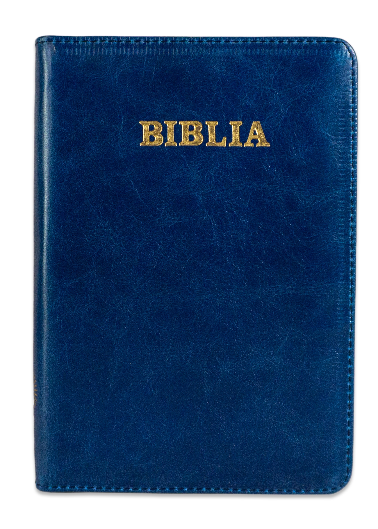 Biblie din piele, marime medie, culoare albastru, fermoar, index, margini aurii, cuv. lui Isus cu rosu [SB 057 PFI]