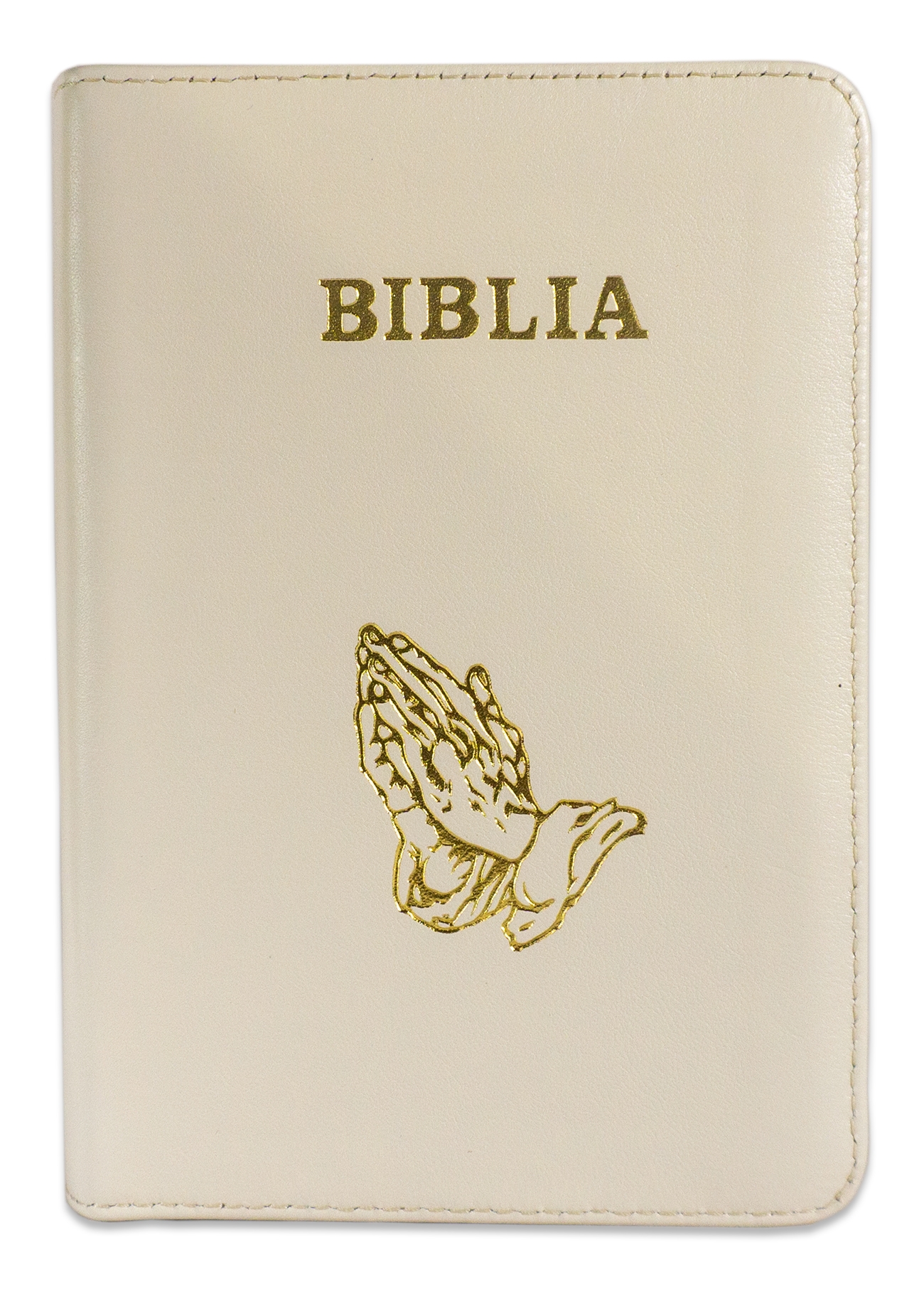 Biblie din piele, marime medie, culoare crem deschis, fermoar, maini in rugaciune, margini albe,cuv. lui Isus cu rosu [053]